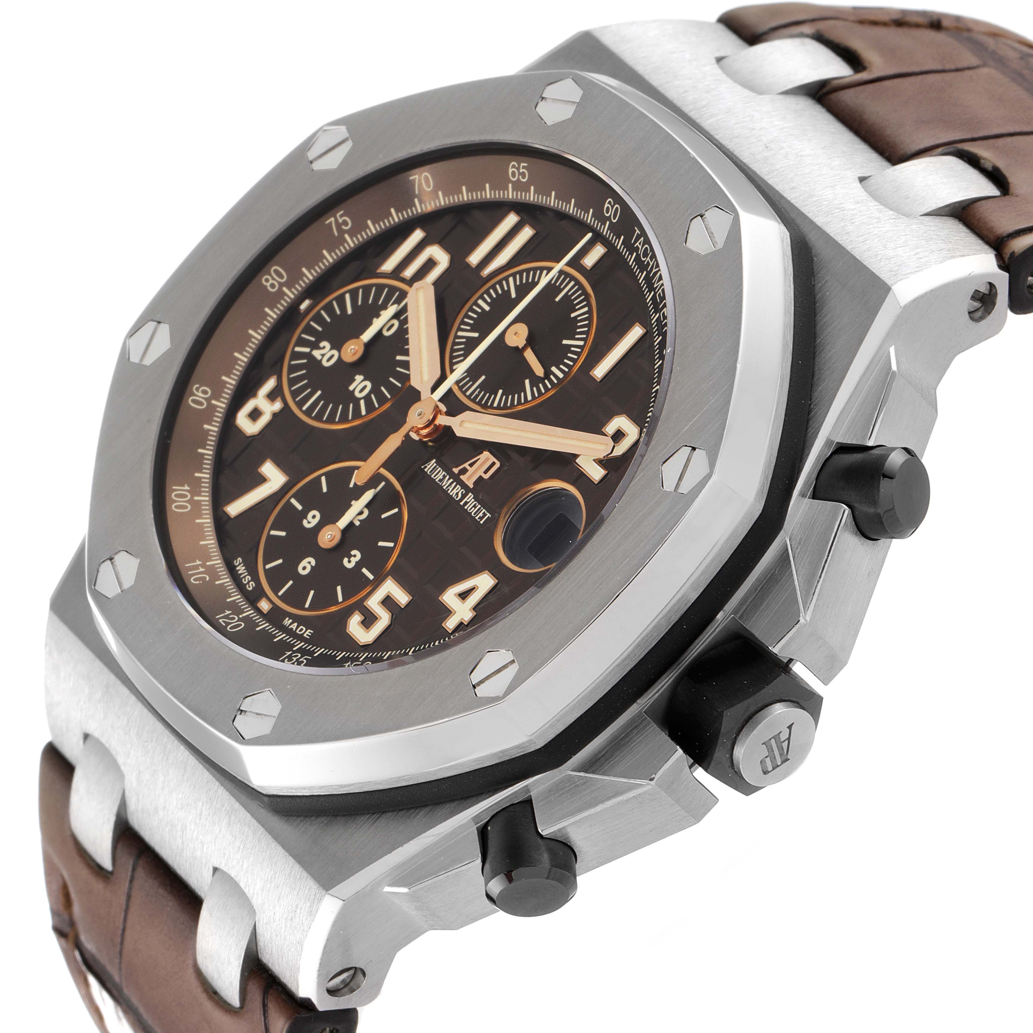 The image shows an angled side view of the Royal Oak Offshore by Audemars Piguet, highlighting the dial, bezel, strap, and pushers.