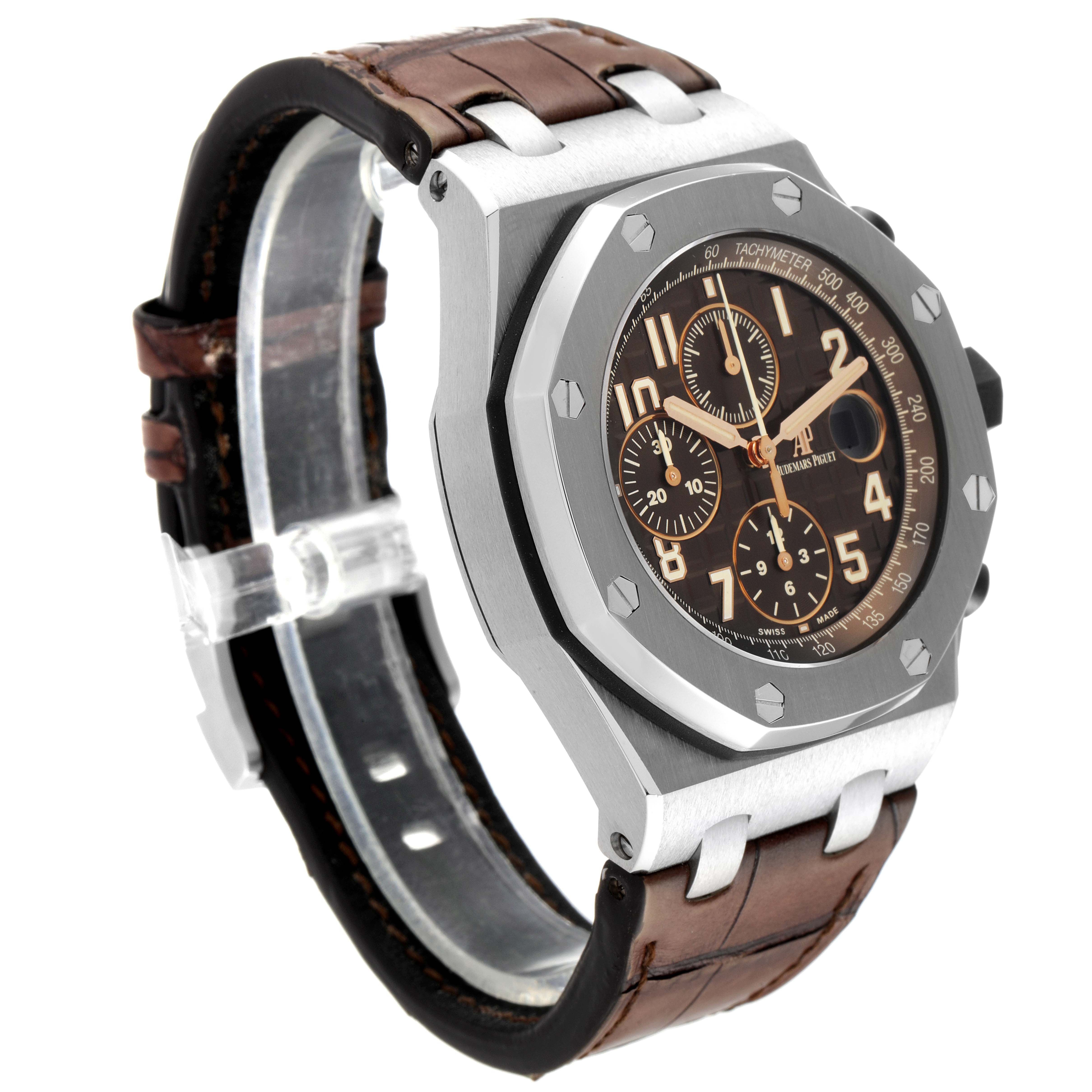 This image shows the Audemars Piguet Royal Oak Offshore 26470ST.OO.A820CR.01 Men's Stainless Steel Brown Dial 26470ST.OO.A820CR.01 Men's Stainless Steel Brown Dial model from a front-left angle, highlighting the watch face, case, and brown leather strap.