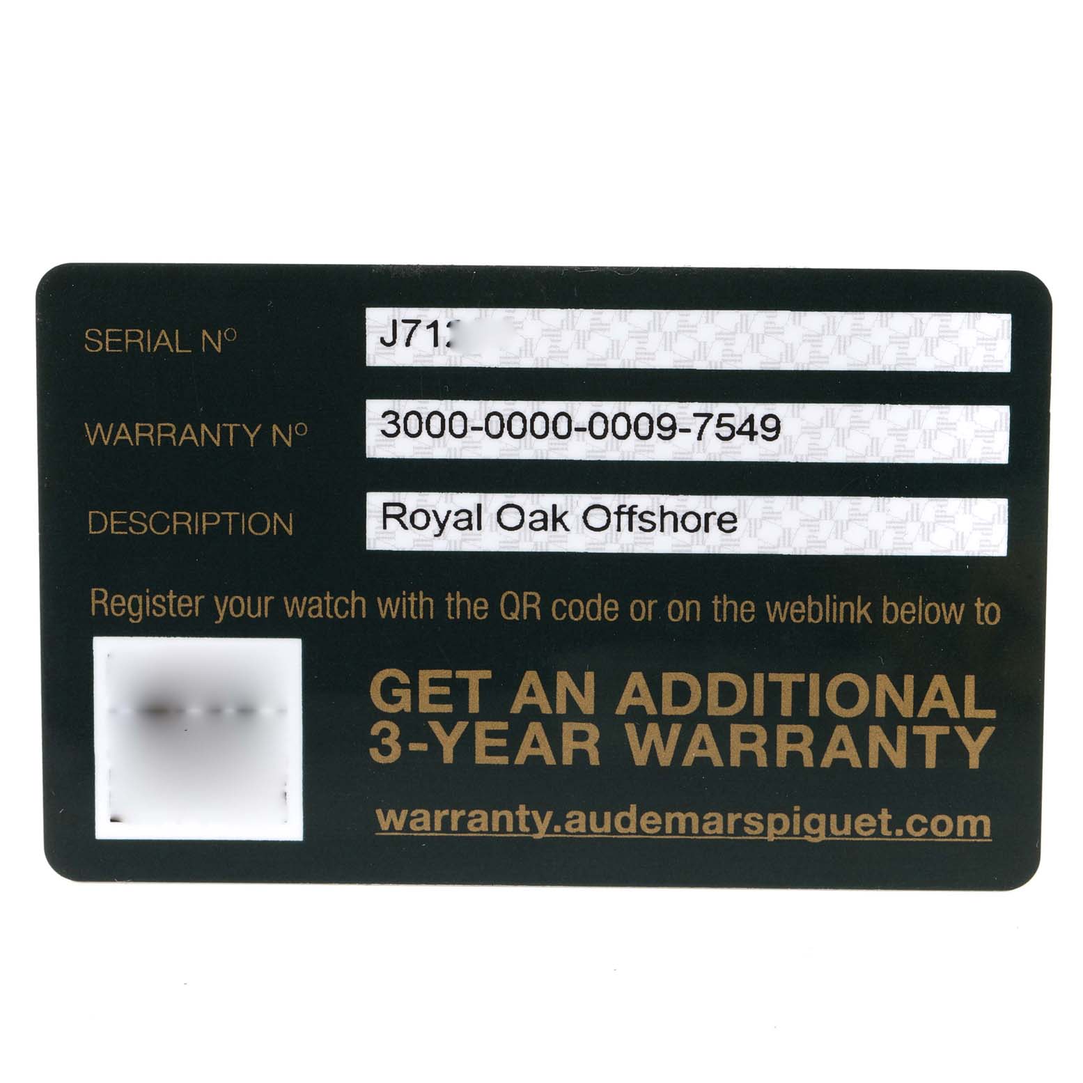The image shows the warranty card for the Audemars Piguet Royal Oak Offshore 26470ST.OO.A820CR.01 Men's Stainless Steel Brown Dial 26470ST.OO.A820CR.01 Men's Stainless Steel Brown Dial watch, displaying the serial and warranty numbers.