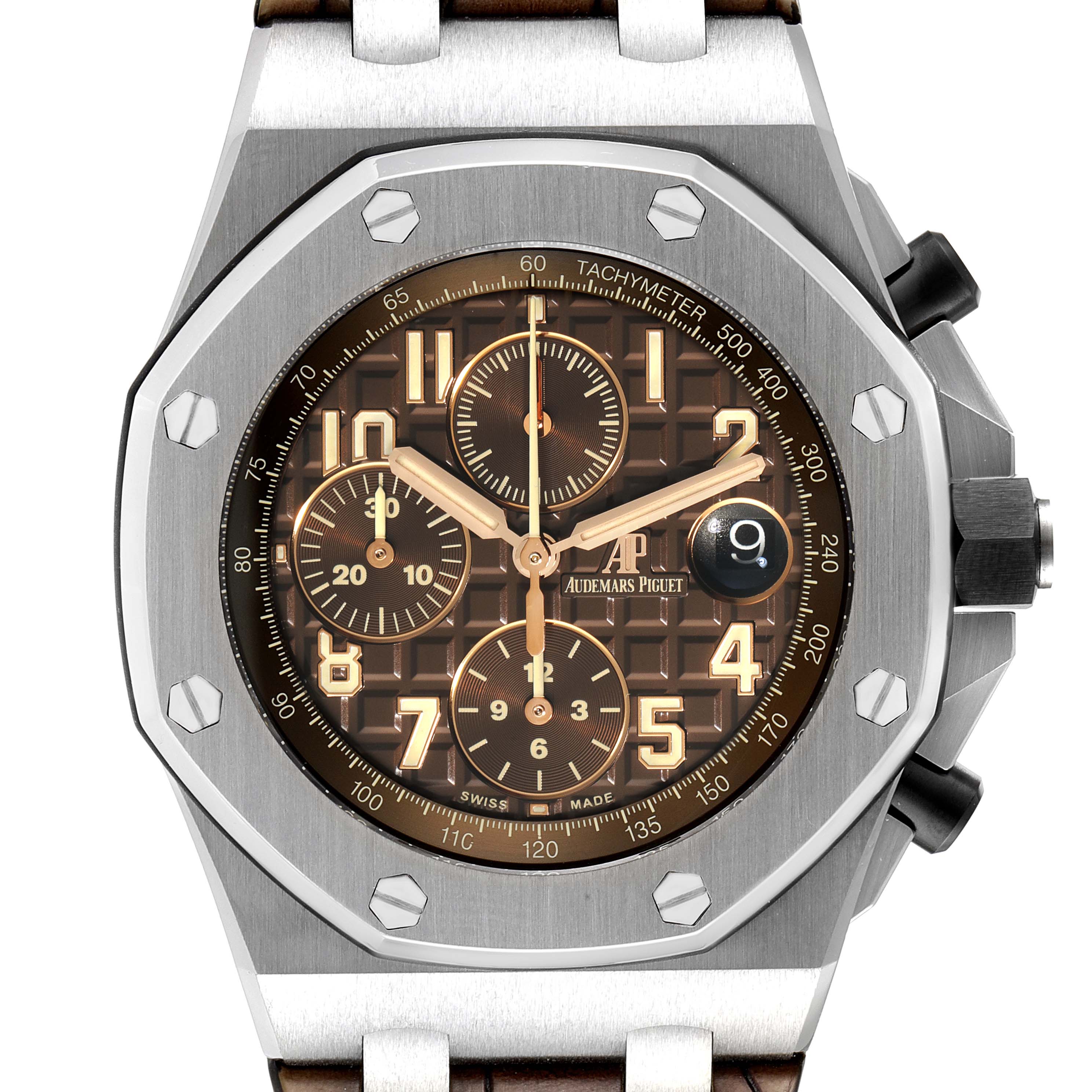 The image shows a frontal view of the Audemars Piguet Royal Oak Offshore 26470ST.OO.A820CR.01 Men's Stainless Steel Brown Dial 26470ST.OO.A820CR.01 Men's Stainless Steel Brown Dial watch, highlighting the dial, bezel, and sub-dials.