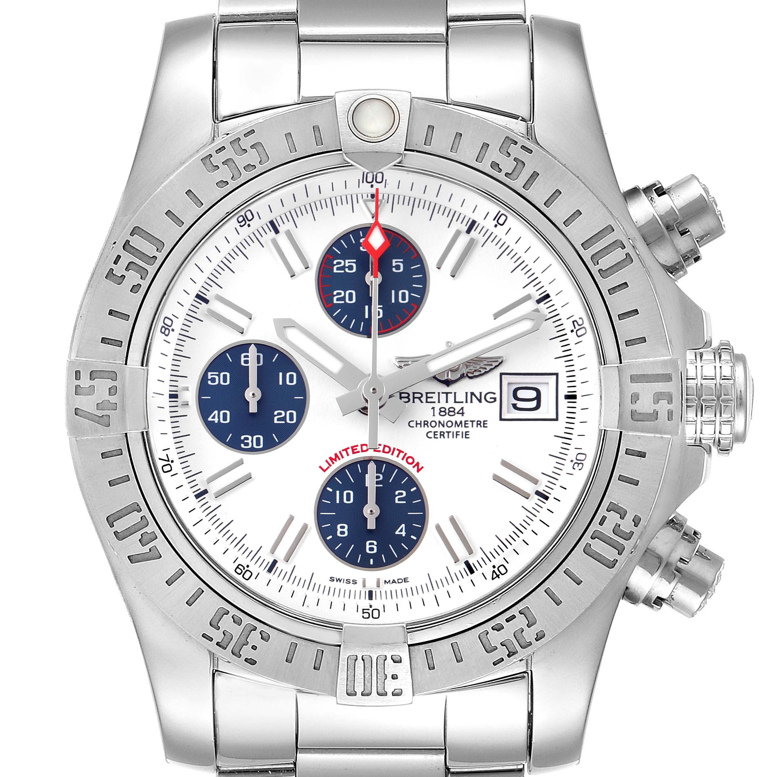 The Breitling Avenger A13381 Men
s Stainless Steel White Dial A13381 Men
s Stainless Steel White Dial model is shown head-on, displaying its dial, bezel, chronograph subdials, date display, and bracelet.
