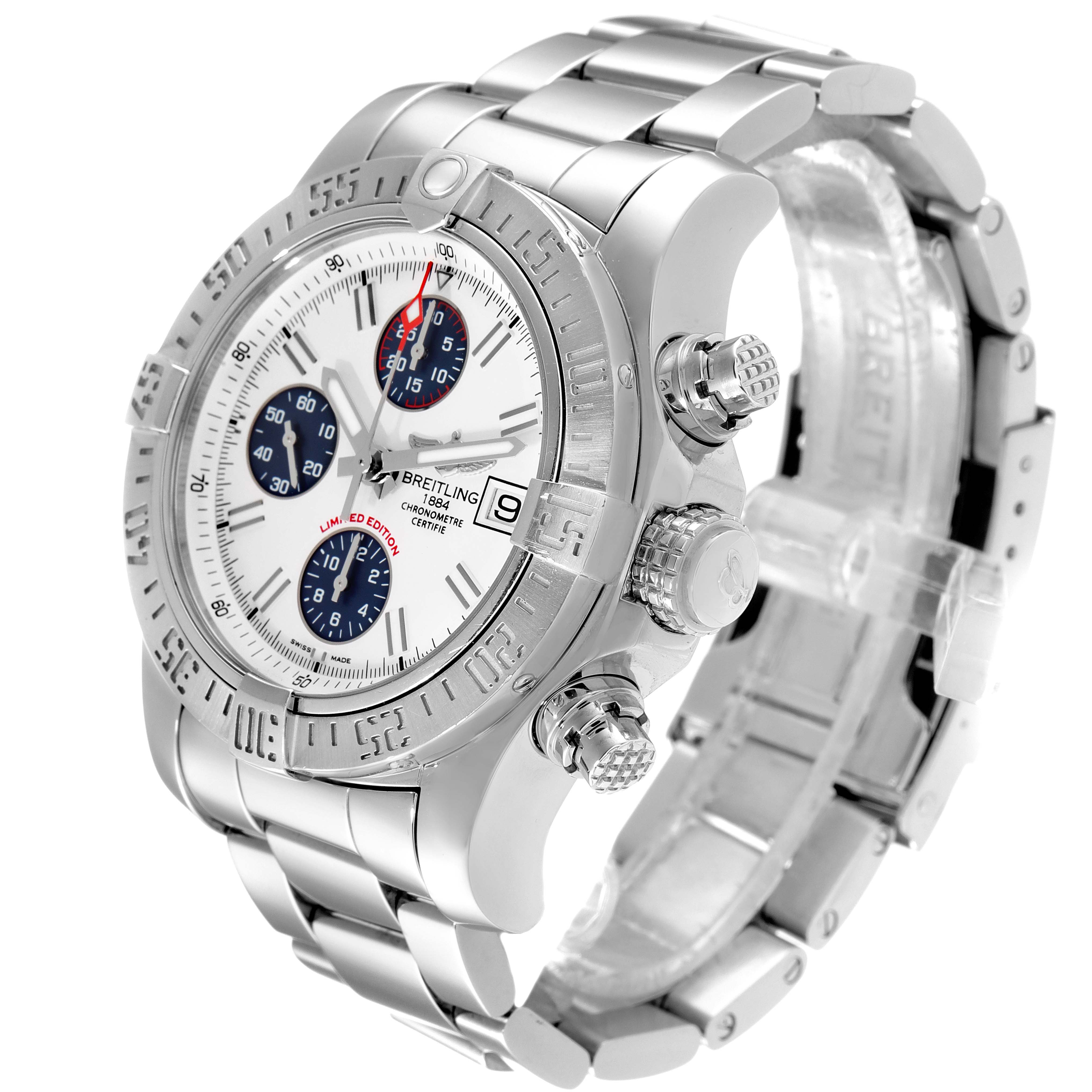This Breitling Avenger A13381 Men
s Stainless Steel White Dial A13381 Men
s Stainless Steel White Dial watch is shown at an angled view, highlighting the dial, crown, chronograph pushers, and metal bracelet.