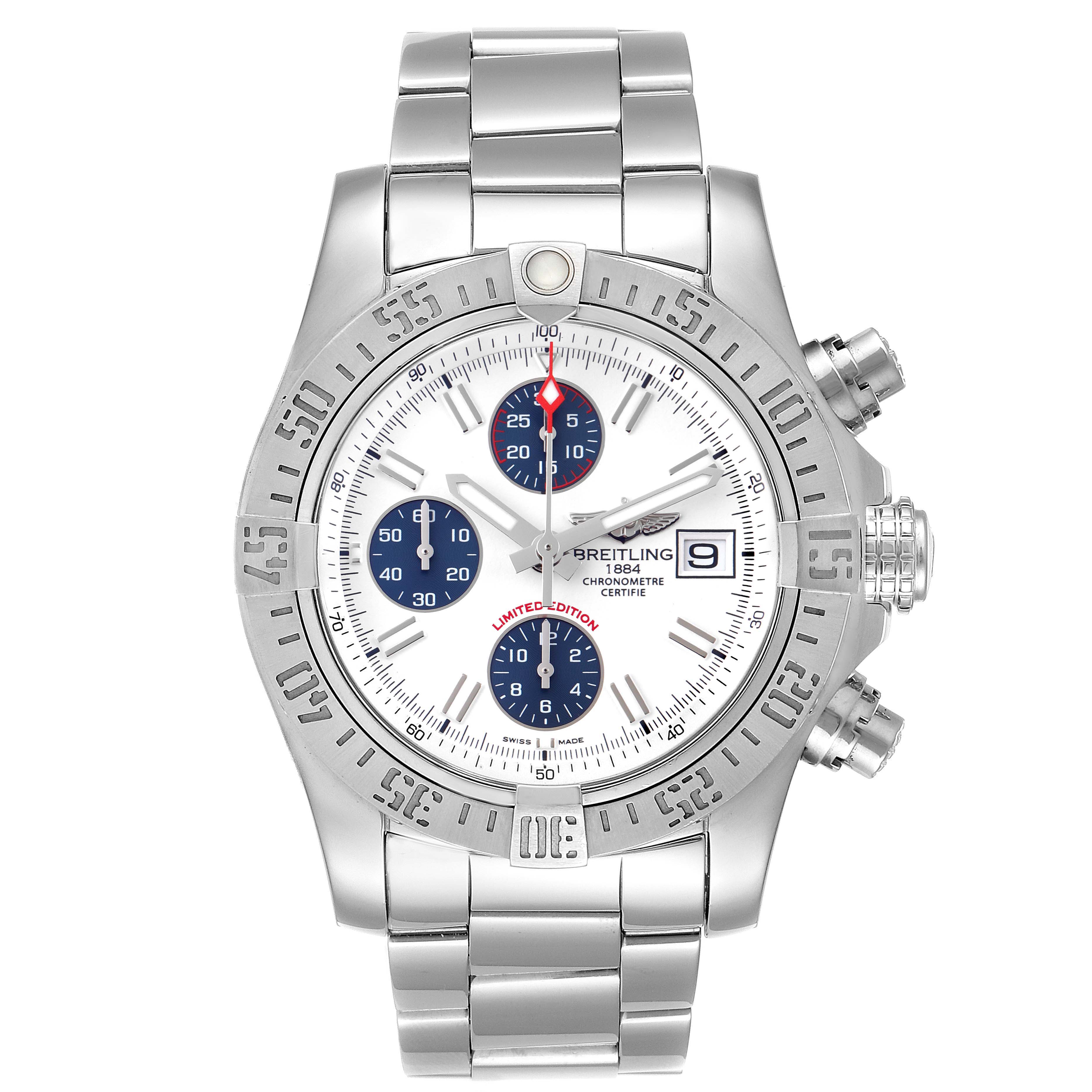This image shows a frontal view of the Breitling Avenger A13381 Men
s Stainless Steel White Dial A13381 Men
s Stainless Steel White Dial watch, highlighting its bezel, dial, subdials, crown, and bracelet.