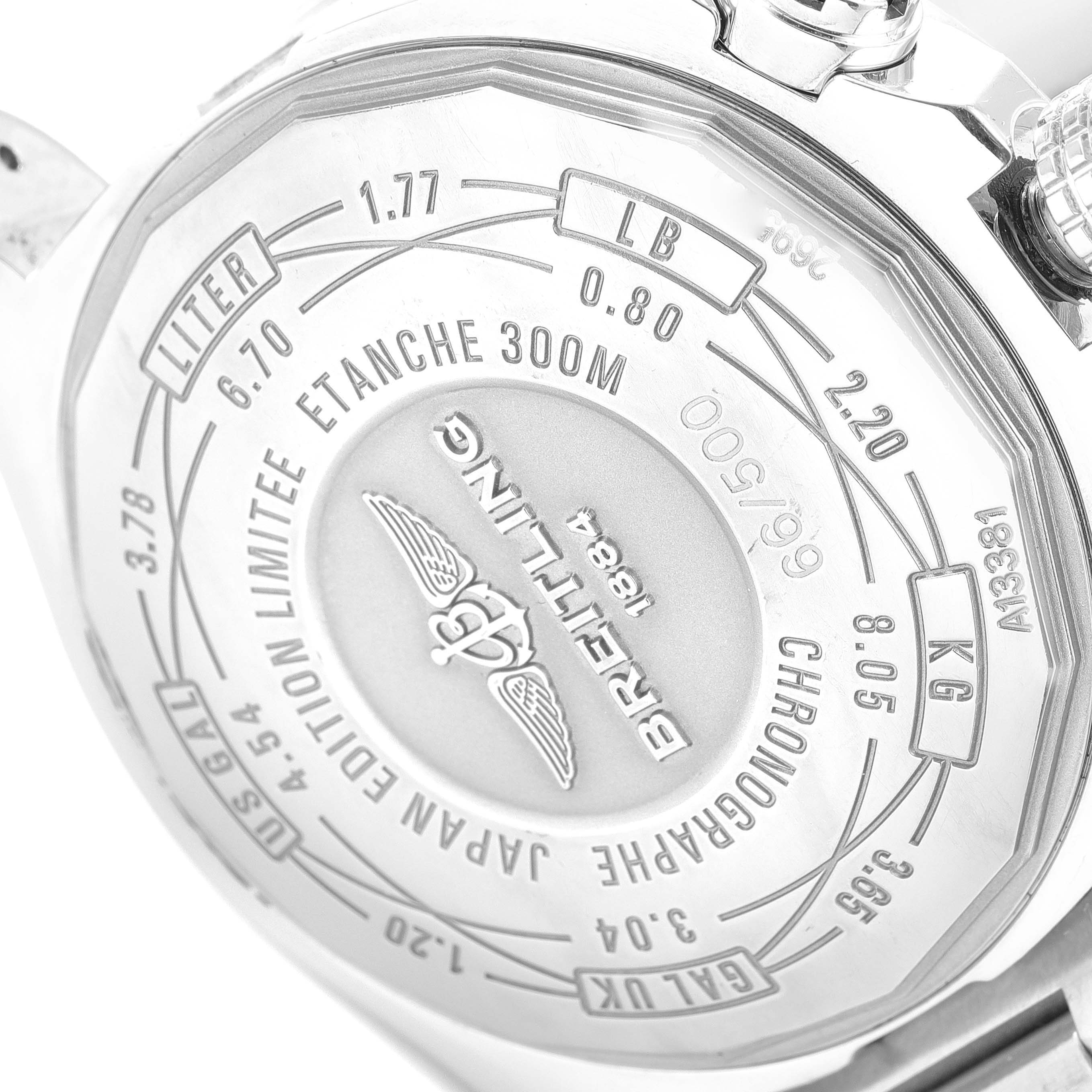 The image shows the back of the Breitling Avenger A13381 Men
s Stainless Steel White Dial A13381 Men
s Stainless Steel White Dial watch, displaying engravings with various measurements and specifications.