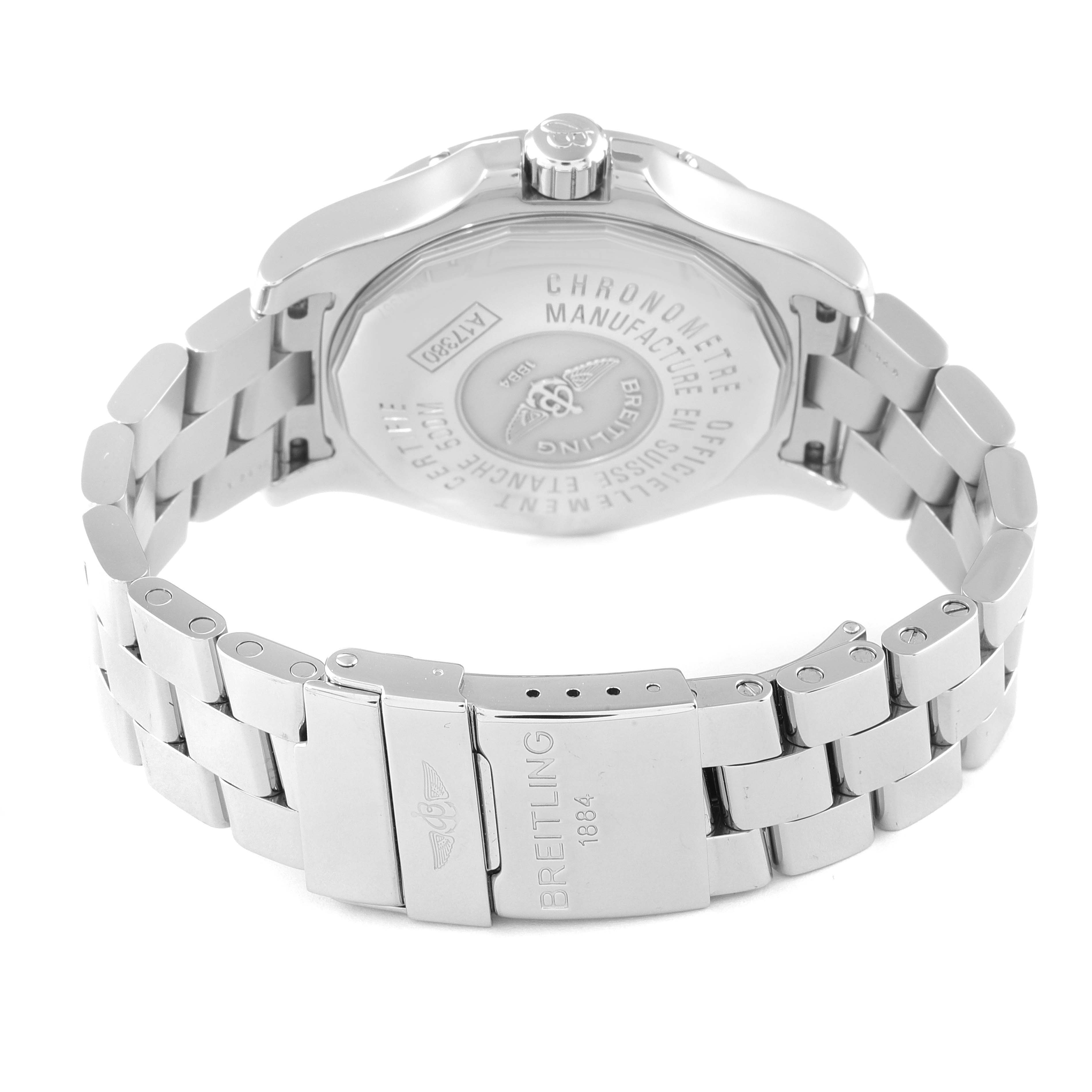 This image shows the back view of the Breitling Colt A17380 Men
s Stainless Steel Black Dial A17380 Men
s Stainless Steel Black Dial watch, highlighting its case back and stainless steel bracelet.