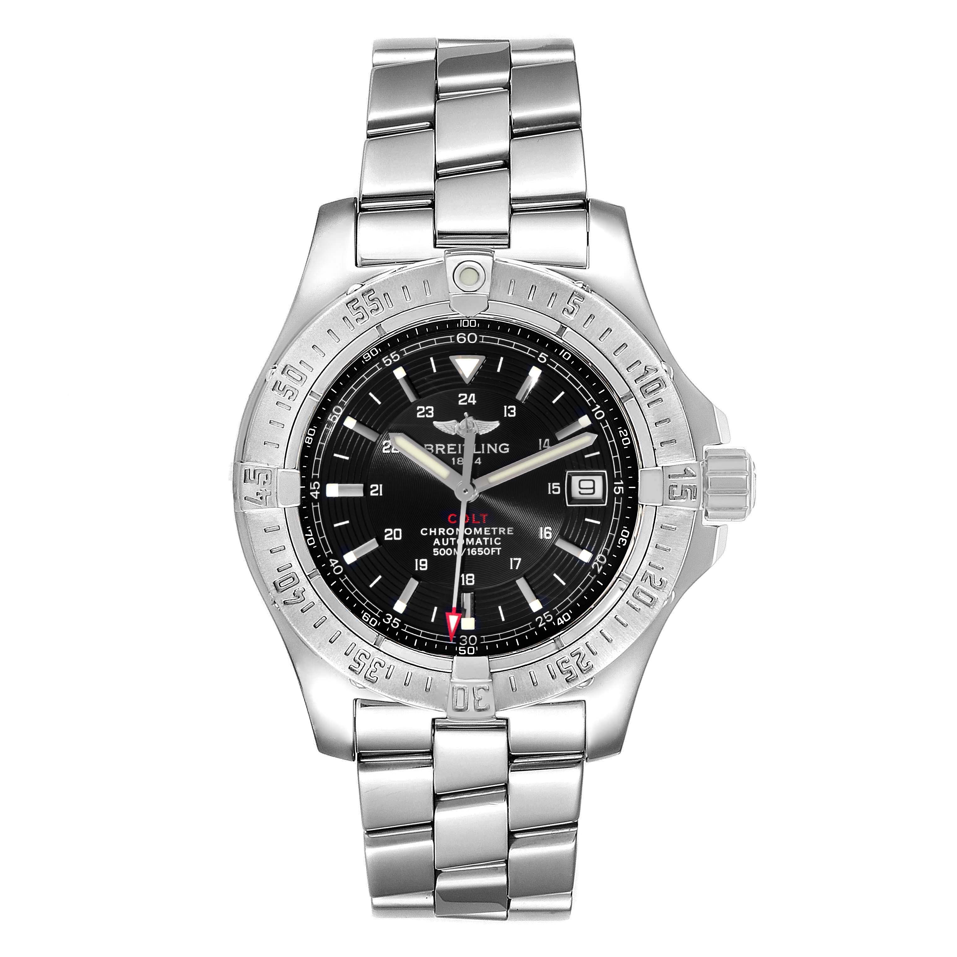 The image shows a Breitling Colt A17380 Men
s Stainless Steel Black Dial A17380 Men
s Stainless Steel Black Dial watch from a front angle, displaying the bracelet, bezel, dial, and crown.