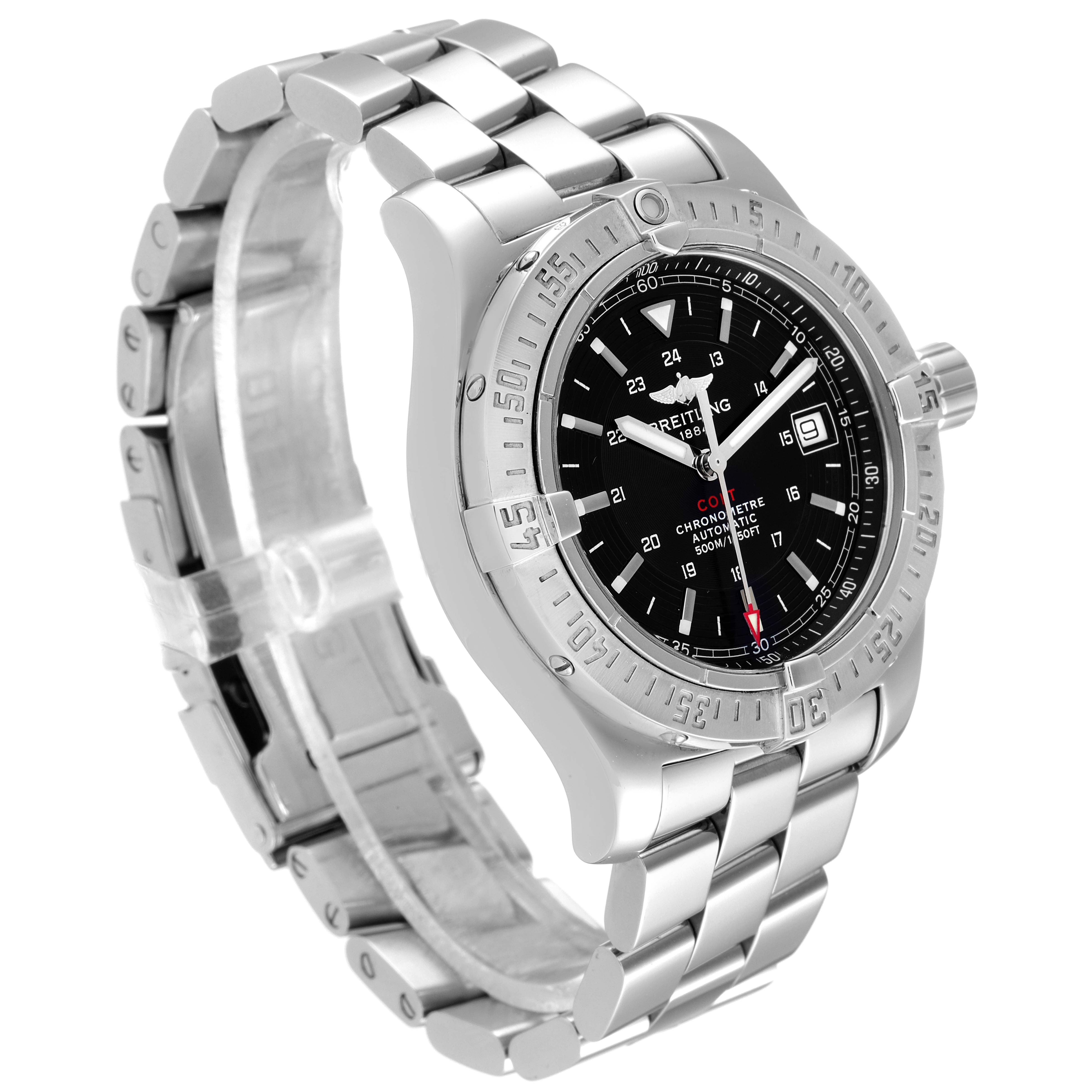 The image shows a Breitling Colt A17380 Men
s Stainless Steel Black Dial A17380 Men
s Stainless Steel Black Dial watch at a three-quarters angle, highlighting the dial, bezel, and metal bracelet.