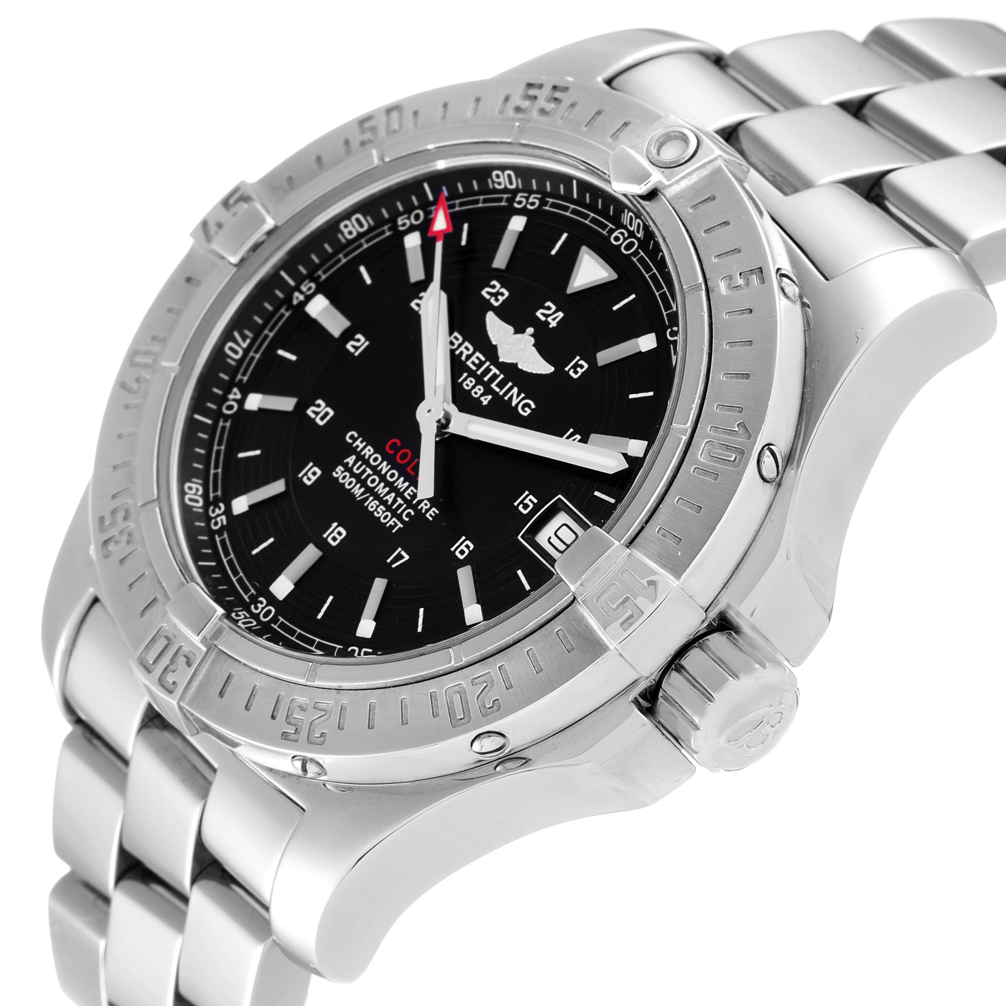 The angled view of the Breitling Colt A17380 Men
s Stainless Steel Black Dial A17380 Men
s Stainless Steel Black Dial watch showcases its dial, bezel, crown, and part of the metal bracelet.