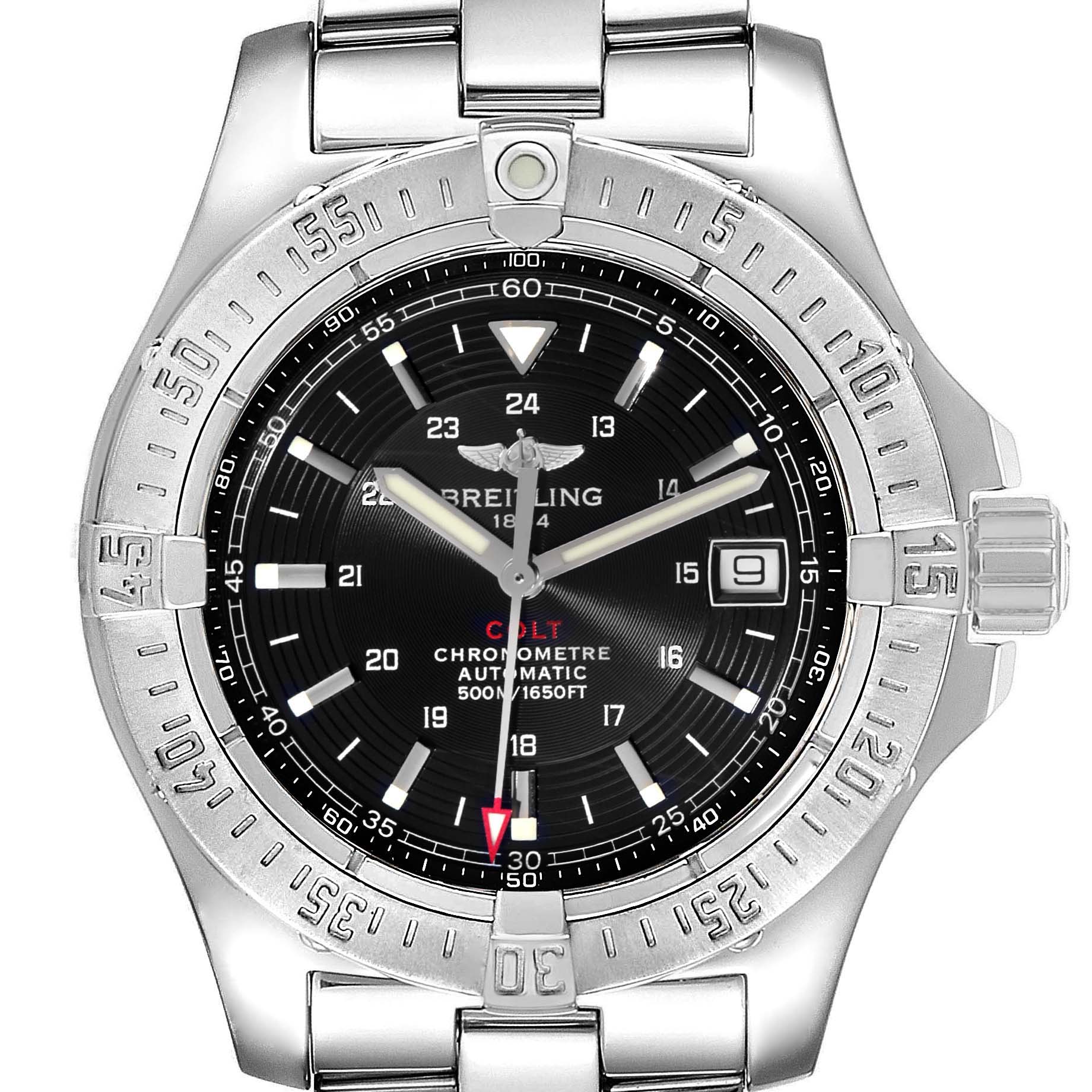 The image shows a top-down view of a Breitling Colt A17380 Men
s Stainless Steel Black Dial A17380 Men
s Stainless Steel Black Dial watch, featuring the dial, hands, bezel, and part of the bracelet.