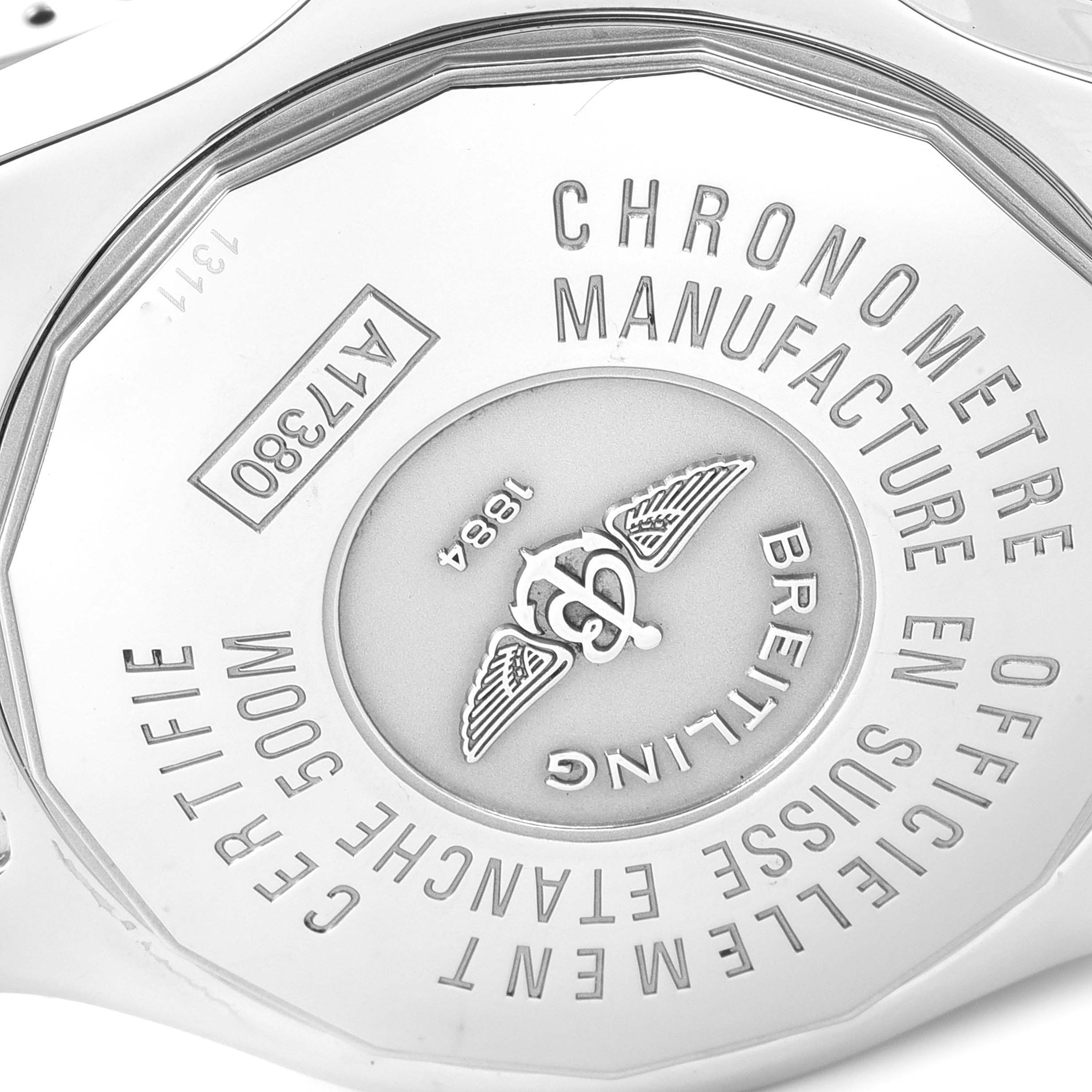 This image shows the case back of a Breitling Colt A17380 Men
s Stainless Steel Black Dial A17380 Men
s Stainless Steel Black Dial watch, displaying its engravings and logo.