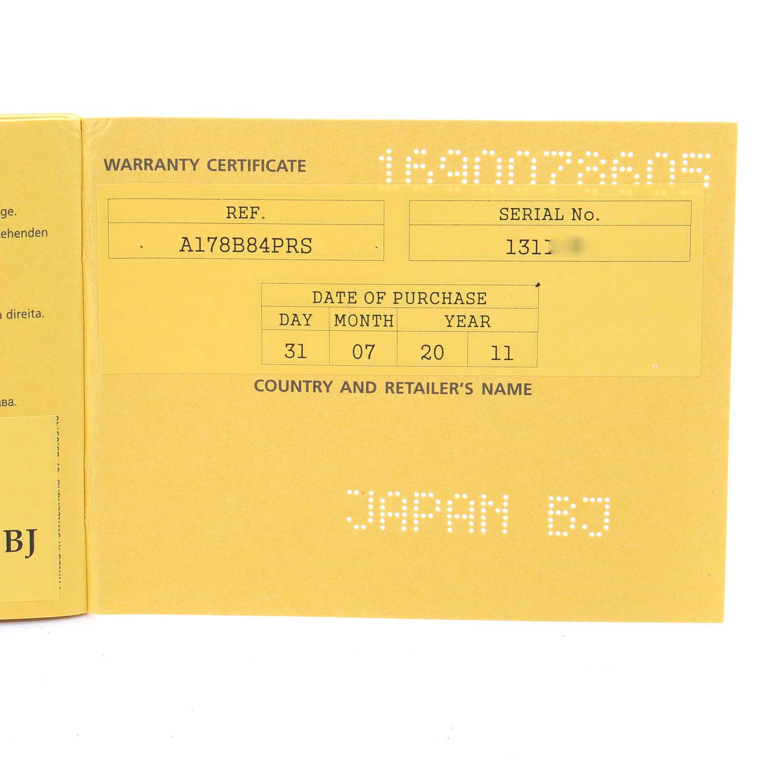 The image shows the warranty certificate for the Breitling Colt A17380 Men
s Stainless Steel Black Dial A17380 Men
s Stainless Steel Black Dial model, including the reference number, serial number, purchase date, and retailer
s name.