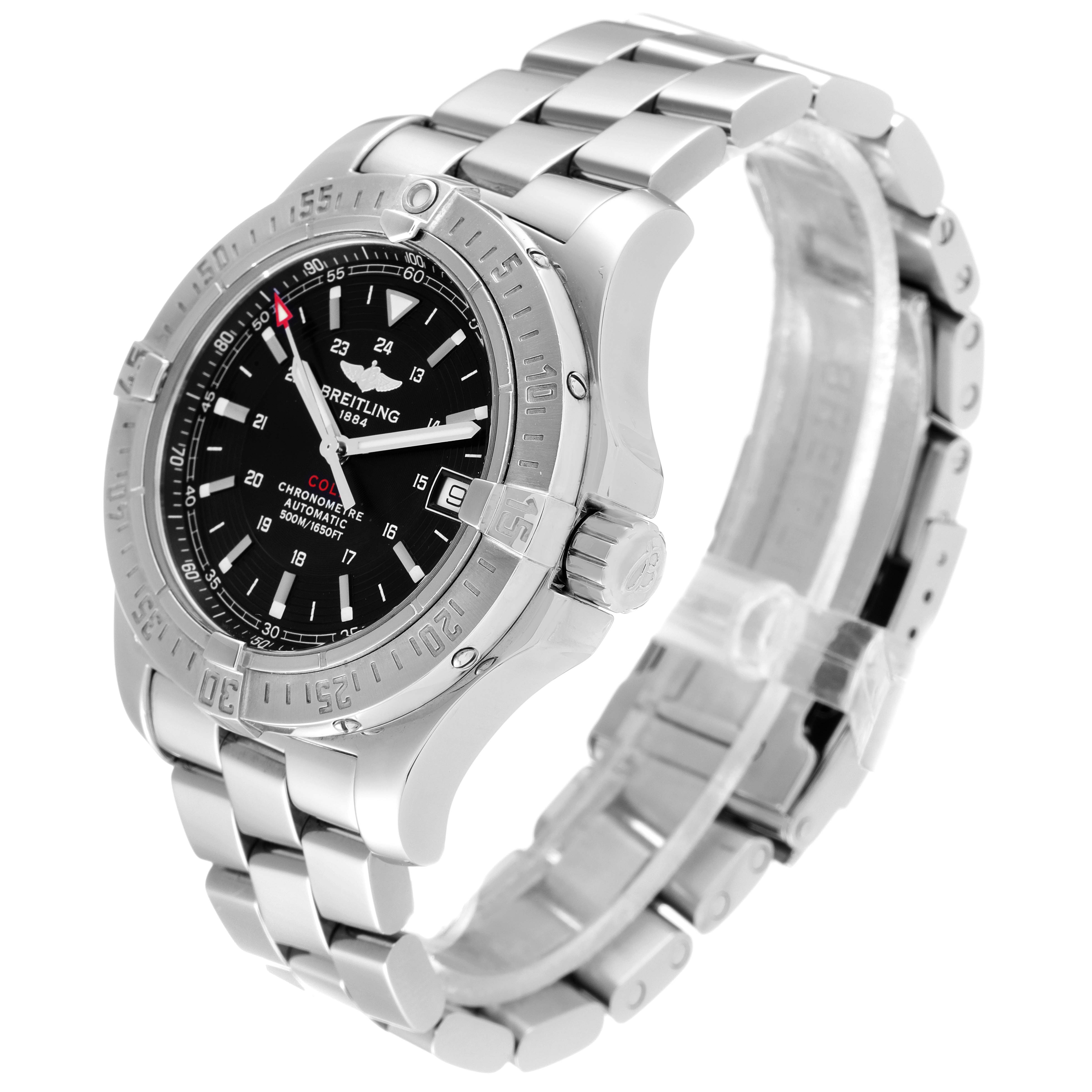 This image shows a side-angle view of the Breitling Colt A17380 Men
s Stainless Steel Black Dial A17380 Men
s Stainless Steel Black Dial watch, featuring its band, bezel, and crown.