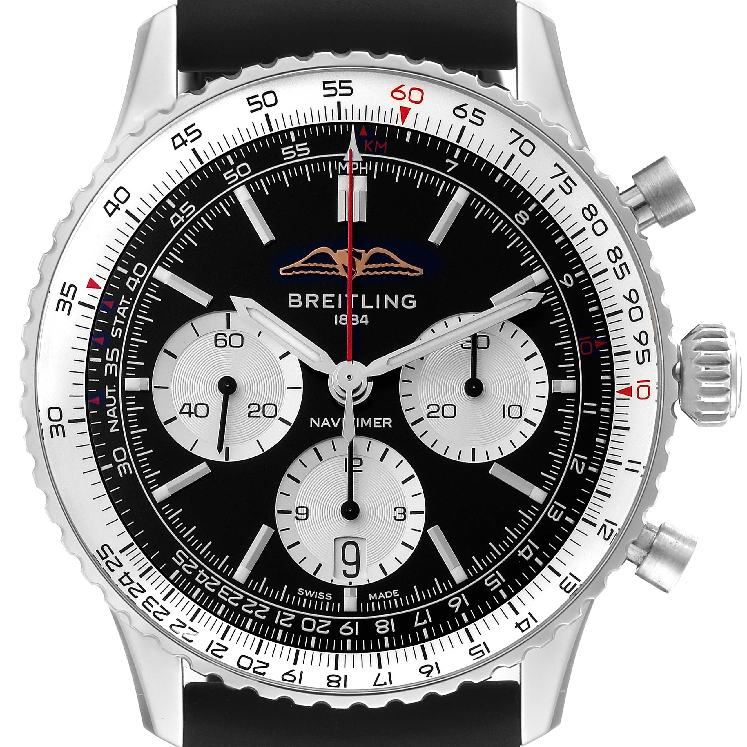 Front view of a Breitling Navitimer AB0138211B1P1 Men's Stainless Steel Black Dial AB0138211B1P1 Men's Stainless Steel Black Dial watch showing the dial, subdials, and bezel.