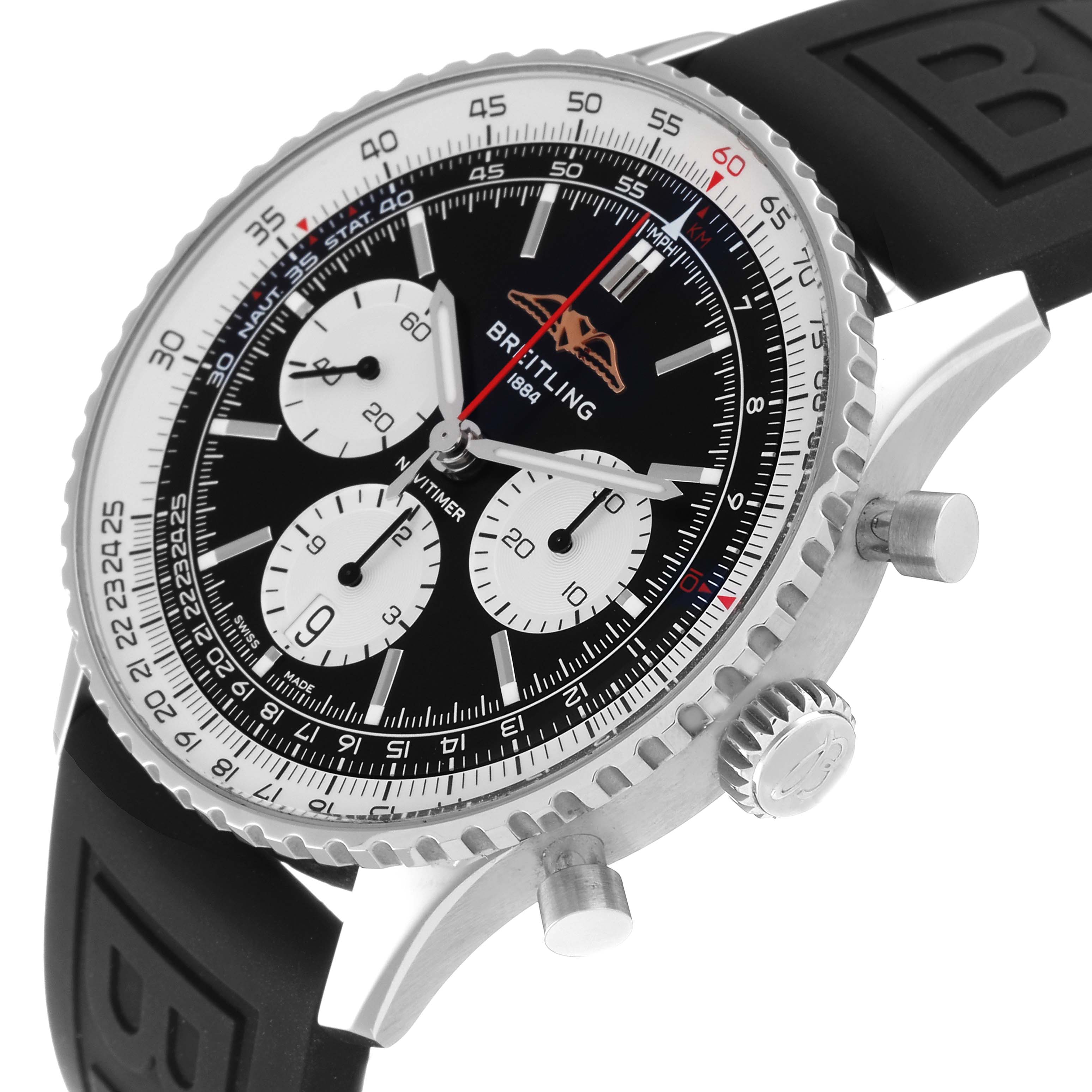 The image shows a Breitling Navitimer AB0138211B1P1 Men's Stainless Steel Black Dial AB0138211B1P1 Men's Stainless Steel Black Dial watch at an angle highlighting its bezel, face, subdials, crown, and pushers.