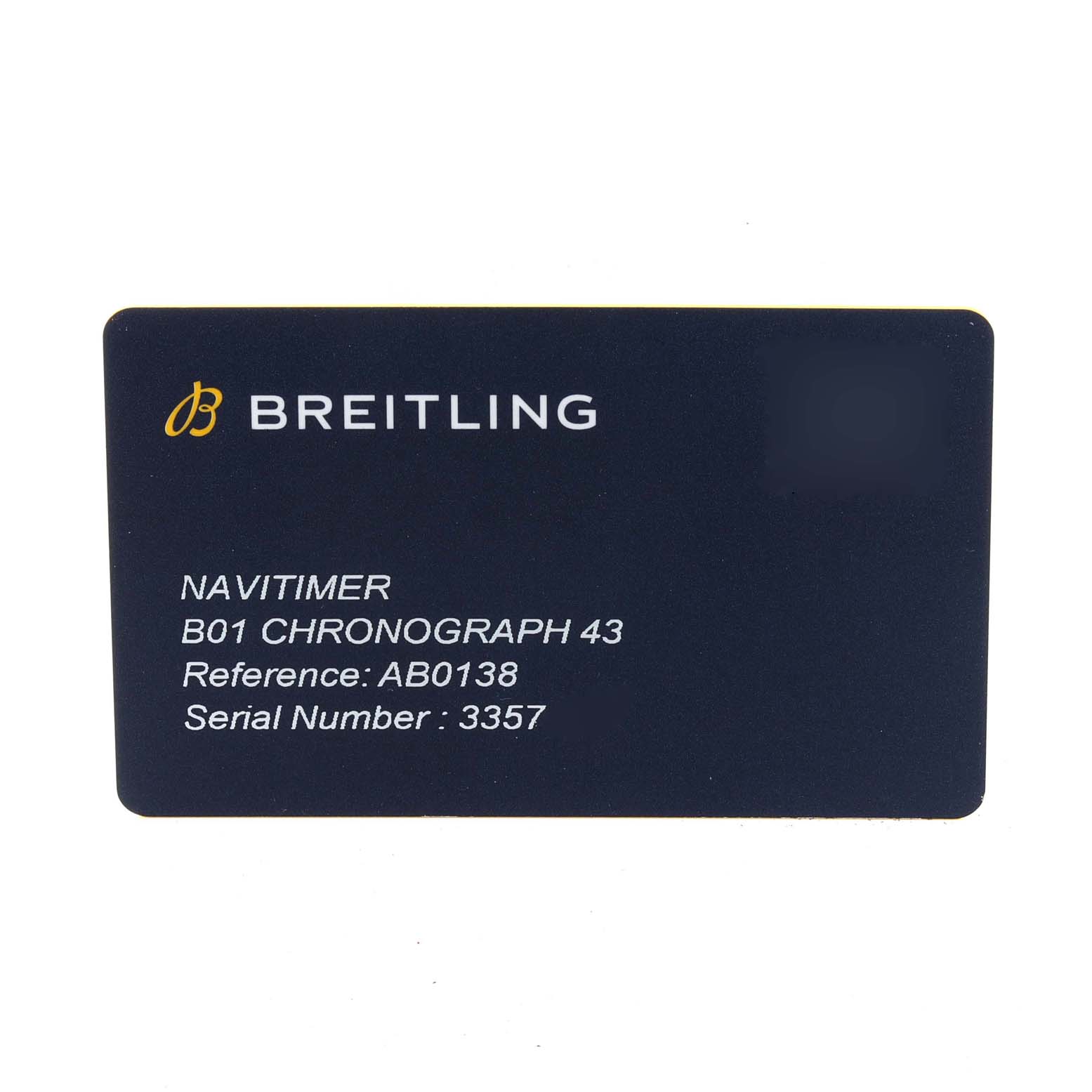 The image shows a warranty card for the Breitling Navitimer AB0138211B1P1 Men's Stainless Steel Black Dial AB0138211B1P1 Men's Stainless Steel Black Dial B01 Chronograph 43 model.