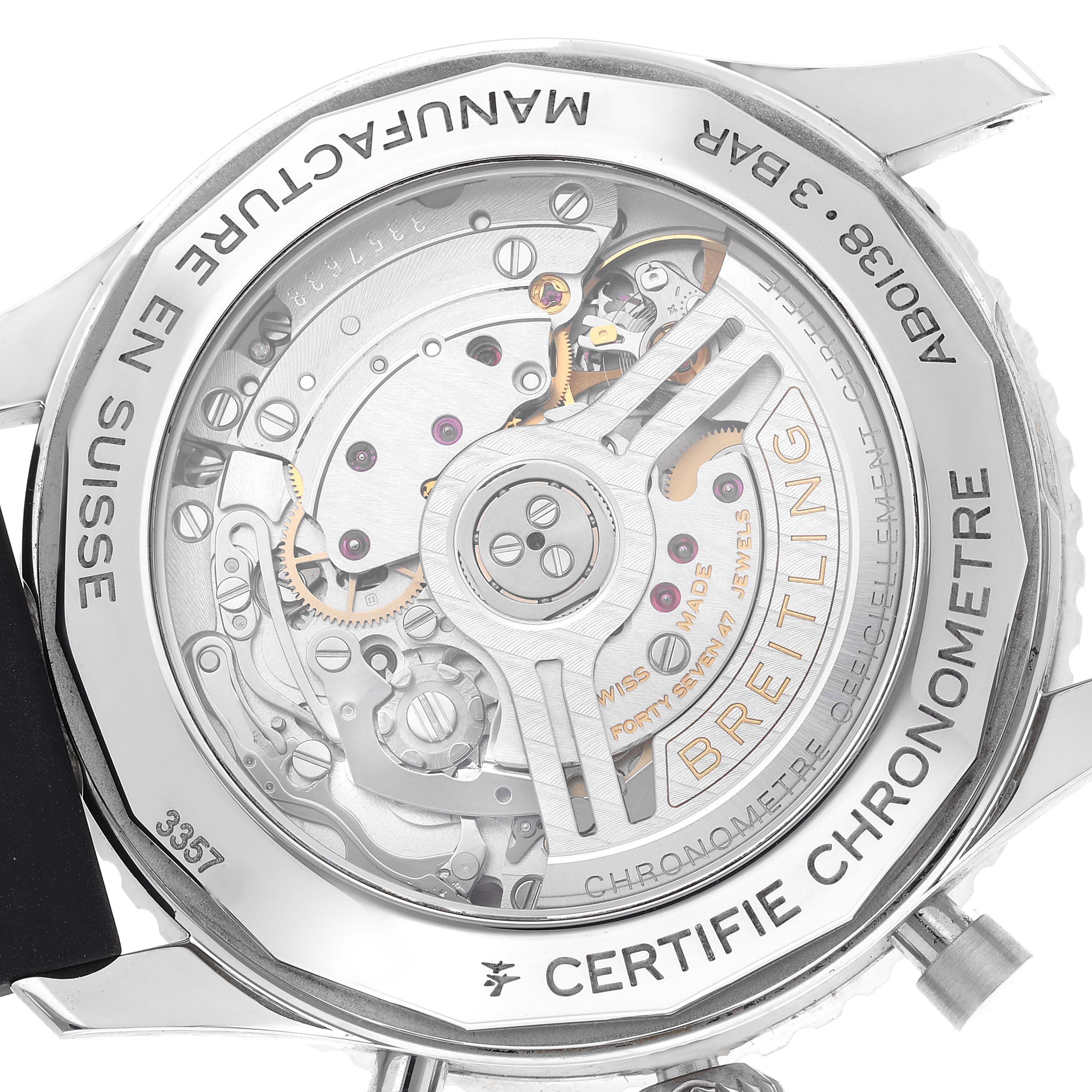 The image shows the back view of a Breitling Navitimer AB0138211B1P1 Men's Stainless Steel Black Dial AB0138211B1P1 Men's Stainless Steel Black Dial watch, showcasing its transparent case back and movement.