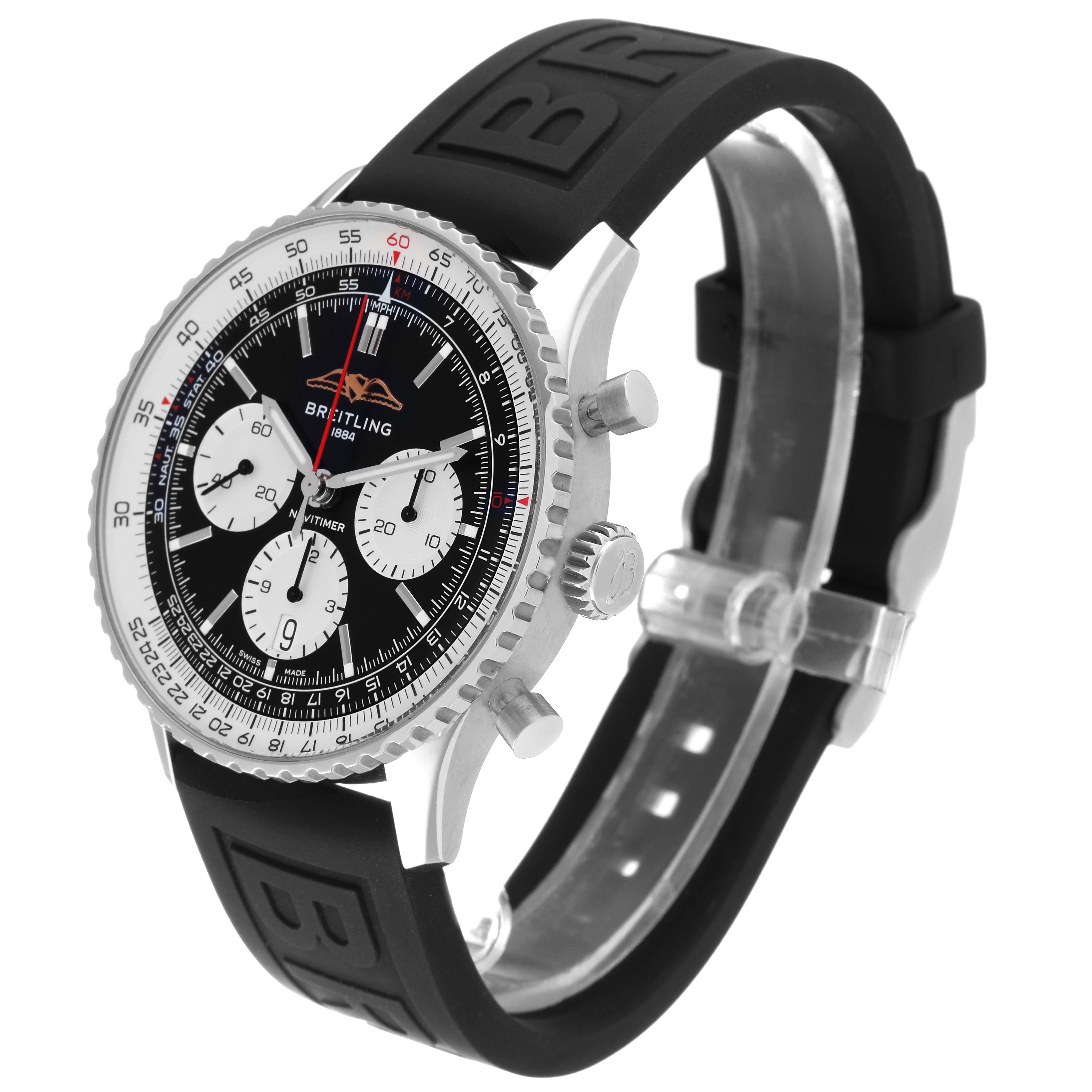 This image shows a Breitling Navitimer AB0138211B1P1 Men's Stainless Steel Black Dial AB0138211B1P1 Men's Stainless Steel Black Dial watch from an angled side view, highlighting its black dial, bezel, and silicon strap.