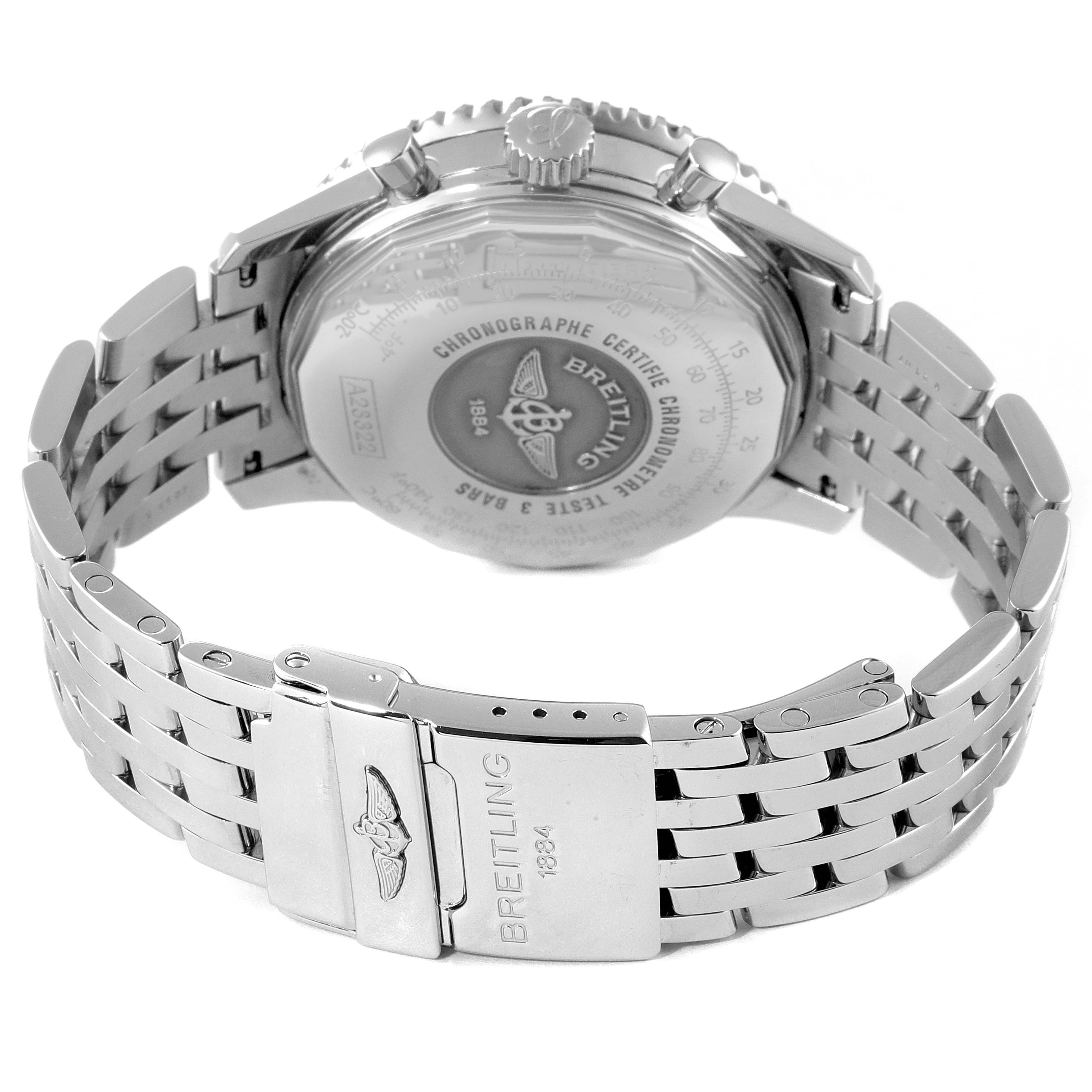 The image shows the back and bracelet of a Breitling Navitimer A23322 Men's Stainless Steel Black Dial A23322 Men's Stainless Steel Black Dial watch, highlighting its clasp and caseback details.