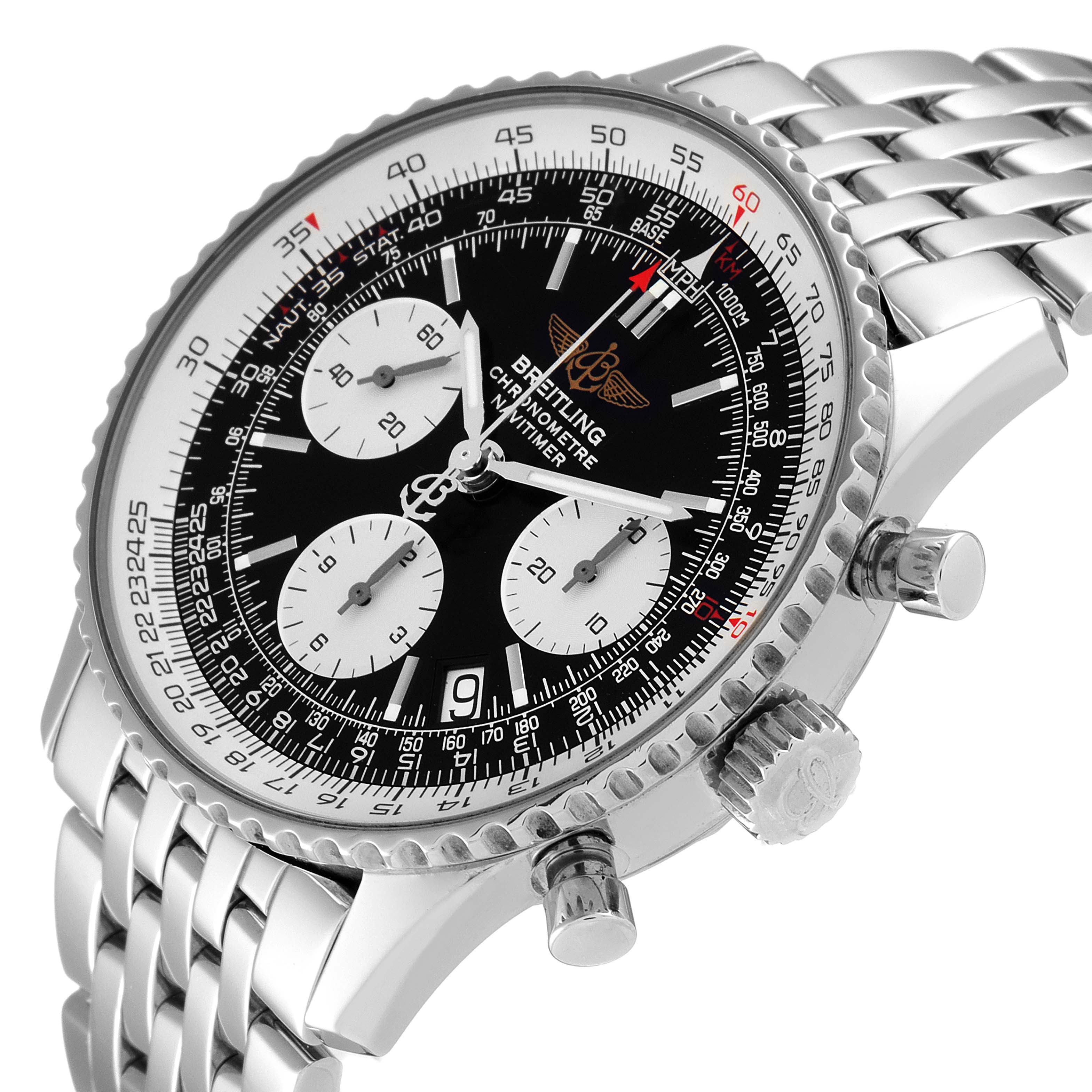 This Breitling Navitimer A23322 Men's Stainless Steel Black Dial A23322 Men's Stainless Steel Black Dial watch is shown at an angled close-up, highlighting its black dial, sub-dials, bezel, and metal bracelet.