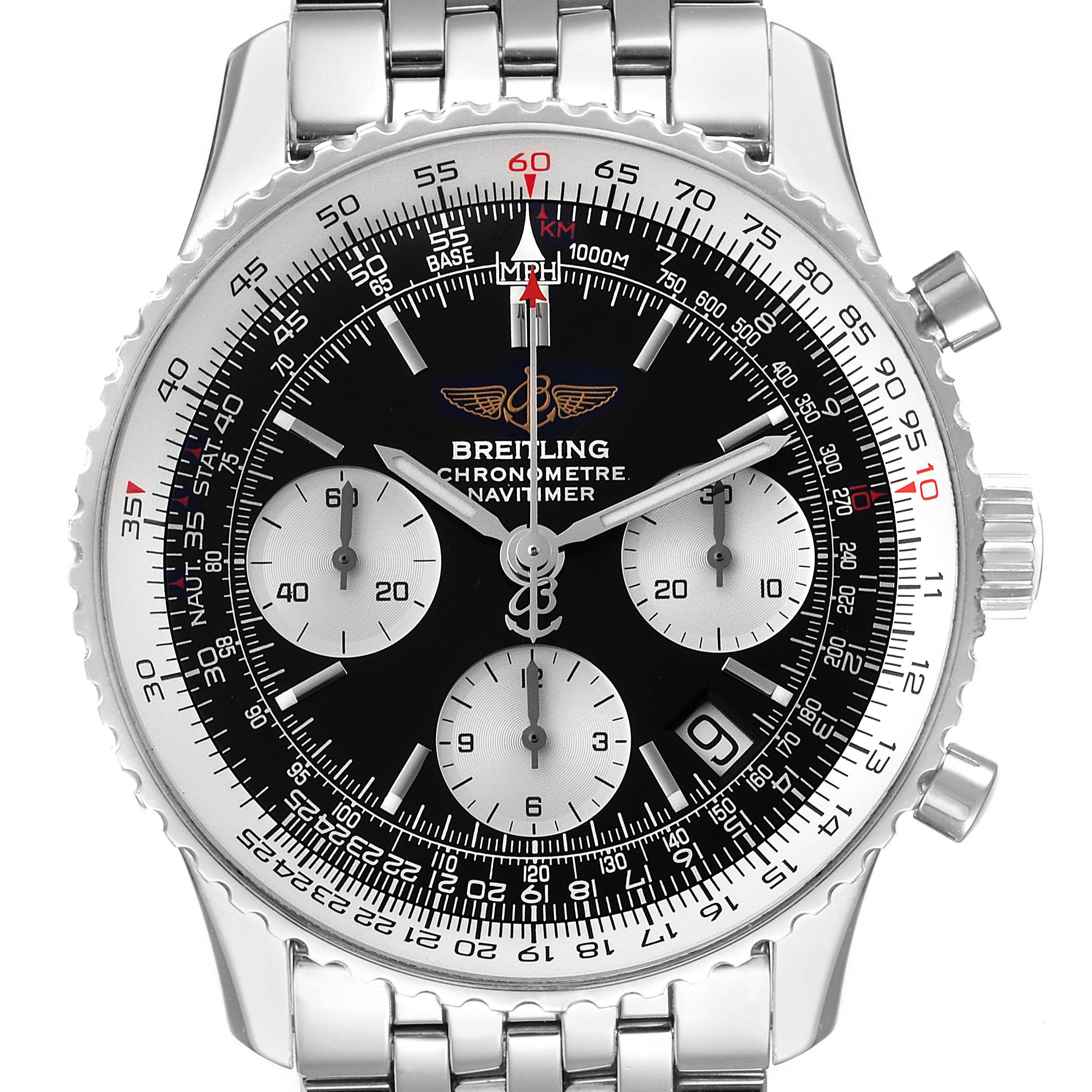 This image shows a front view of the Breitling Navitimer A23322 Men's Stainless Steel Black Dial A23322 Men's Stainless Steel Black Dial watch, highlighting its dial, subdials, bezel, and bracelet.