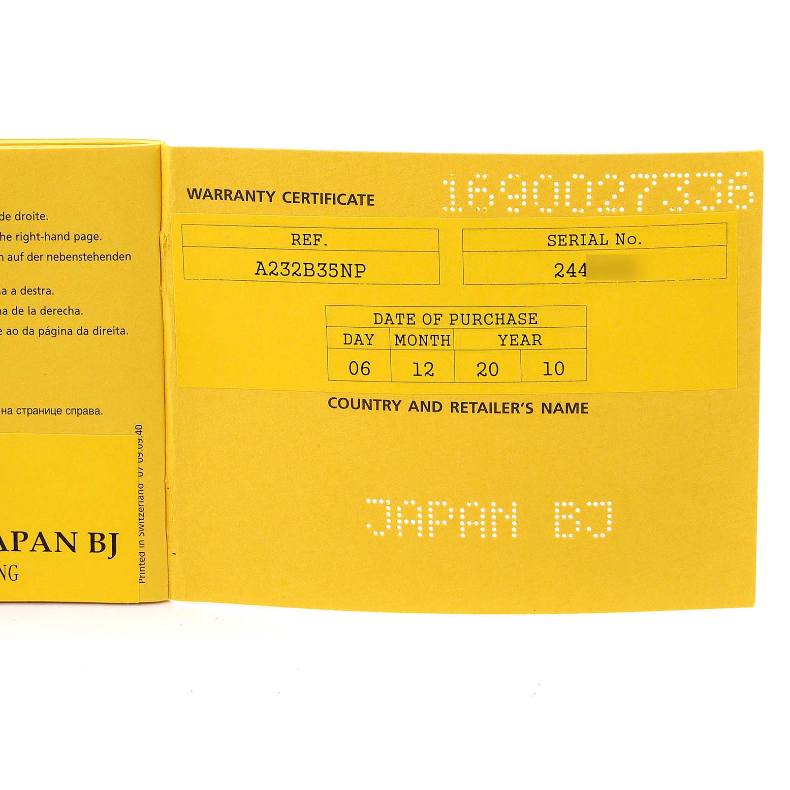 This image shows an open warranty certificate for a Breitling Navitimer A23322 Men's Stainless Steel Black Dial A23322 Men's Stainless Steel Black Dial watch, displaying reference and serial numbers.