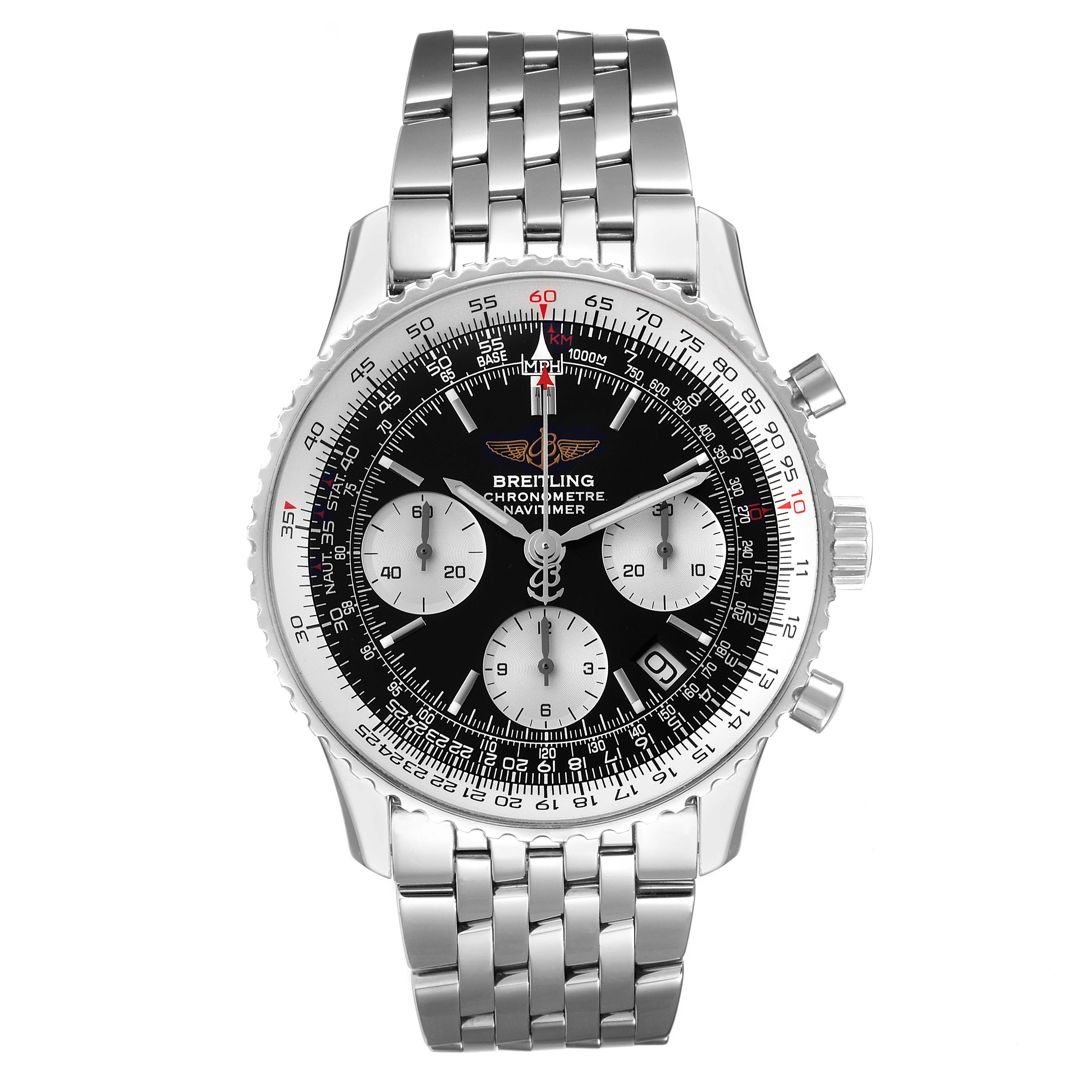 This image shows a front view of the Breitling Navitimer A23322 Men's Stainless Steel Black Dial A23322 Men's Stainless Steel Black Dial model, displaying its dial, bezel, and bracelet.