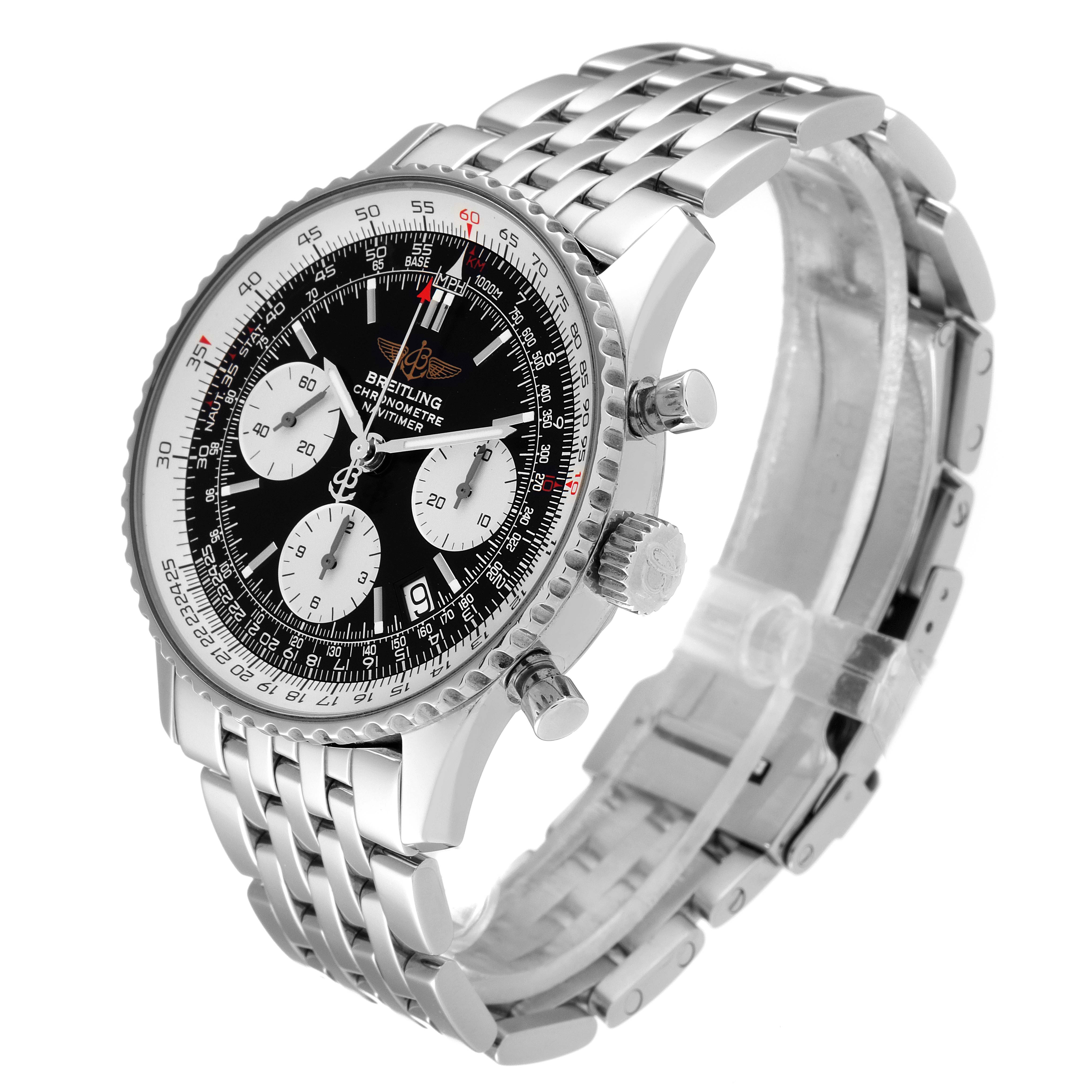 The image shows a Breitling Navitimer A23322 Men's Stainless Steel Black Dial A23322 Men's Stainless Steel Black Dial watch at a three-quarter angle, detailing the face, bezel, chronograph dials, and metal bracelet.
