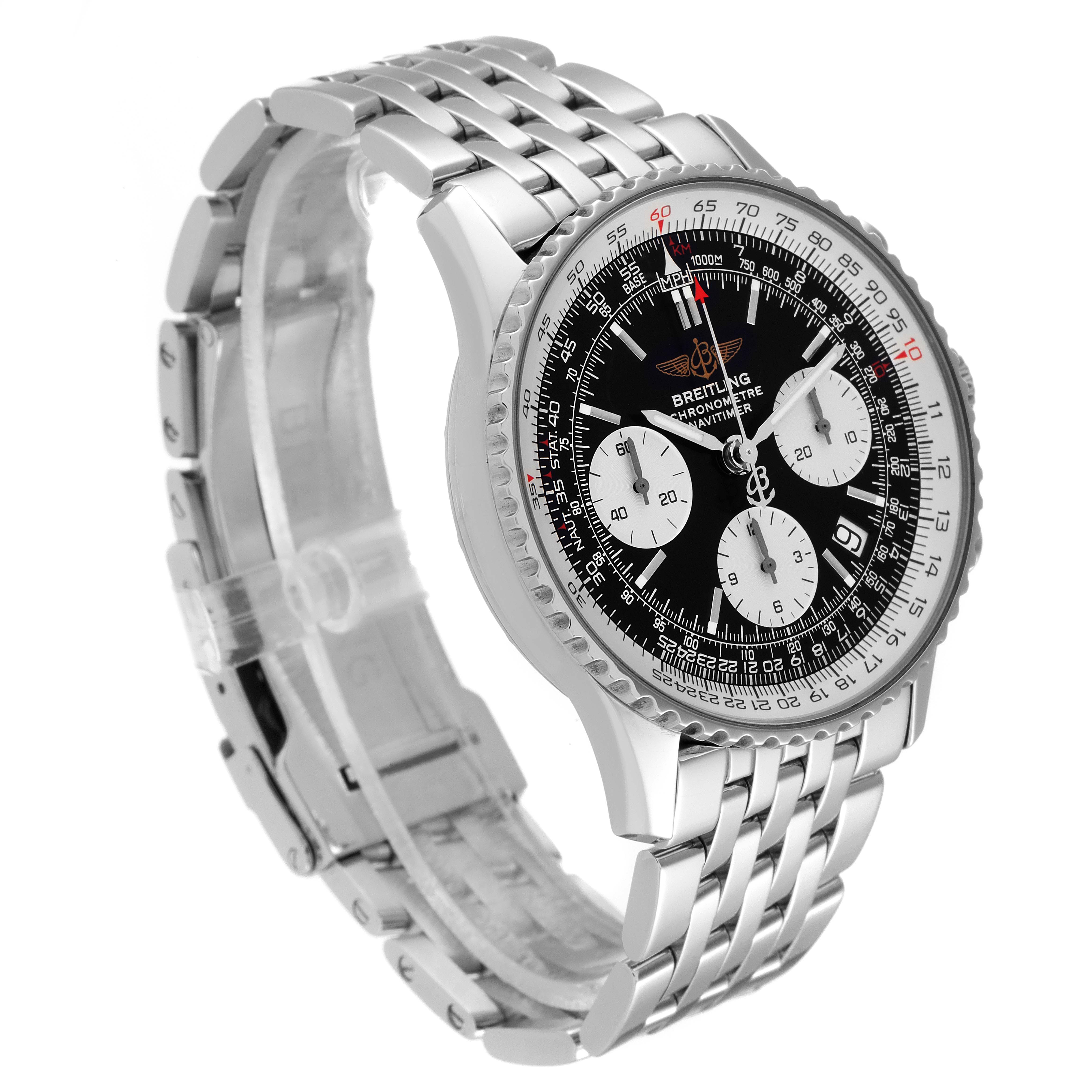 The Breitling Navitimer A23322 Men's Stainless Steel Black Dial A23322 Men's Stainless Steel Black Dial watch is shown at a front-side angle, highlighting its face, bezel, and stainless steel bracelet.