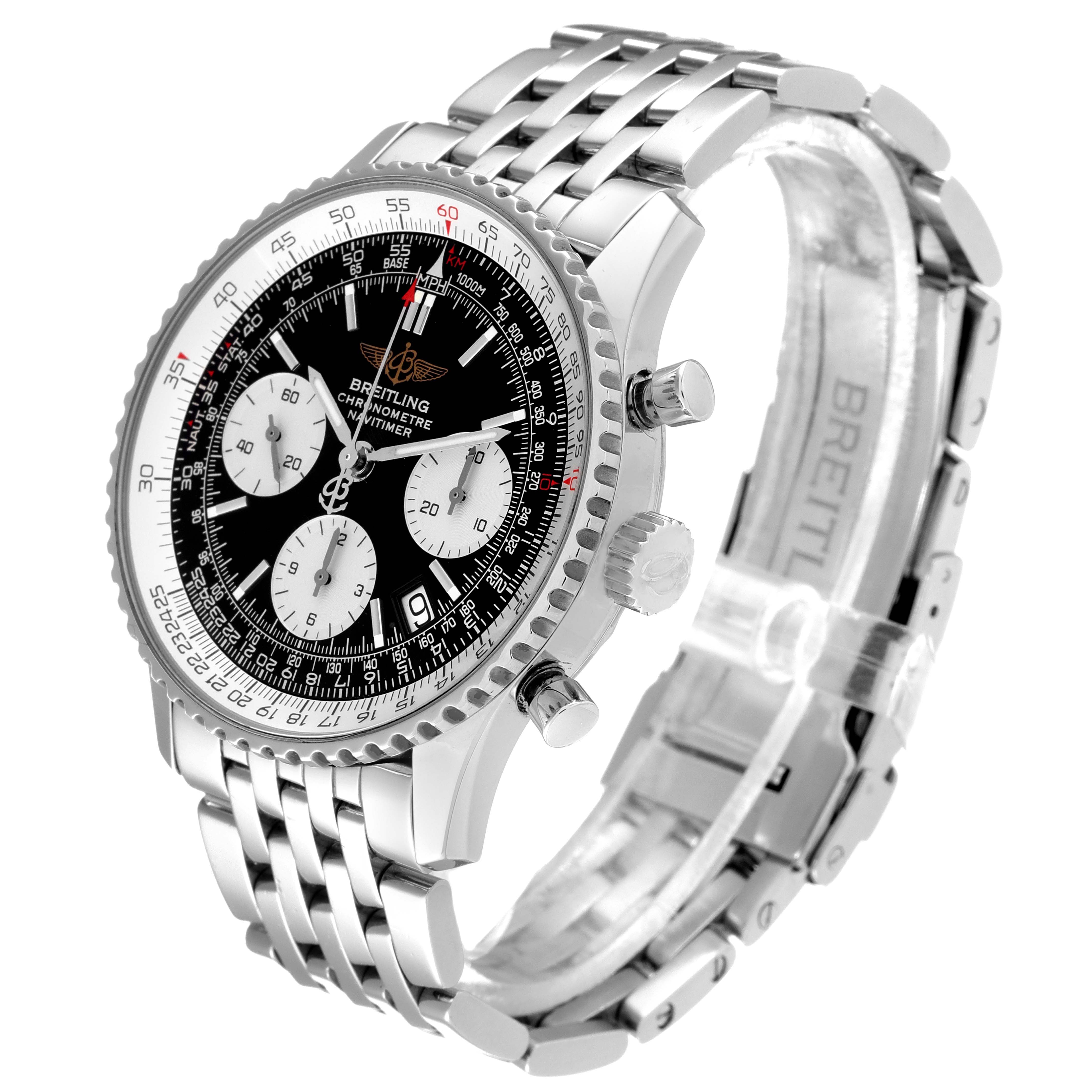 The image shows a Breitling Navitimer A23322 Men's Stainless Steel Black Dial A23322 Men's Stainless Steel Black Dial watch at an angled side view, highlighting its face, bezel, and stainless steel bracelet.