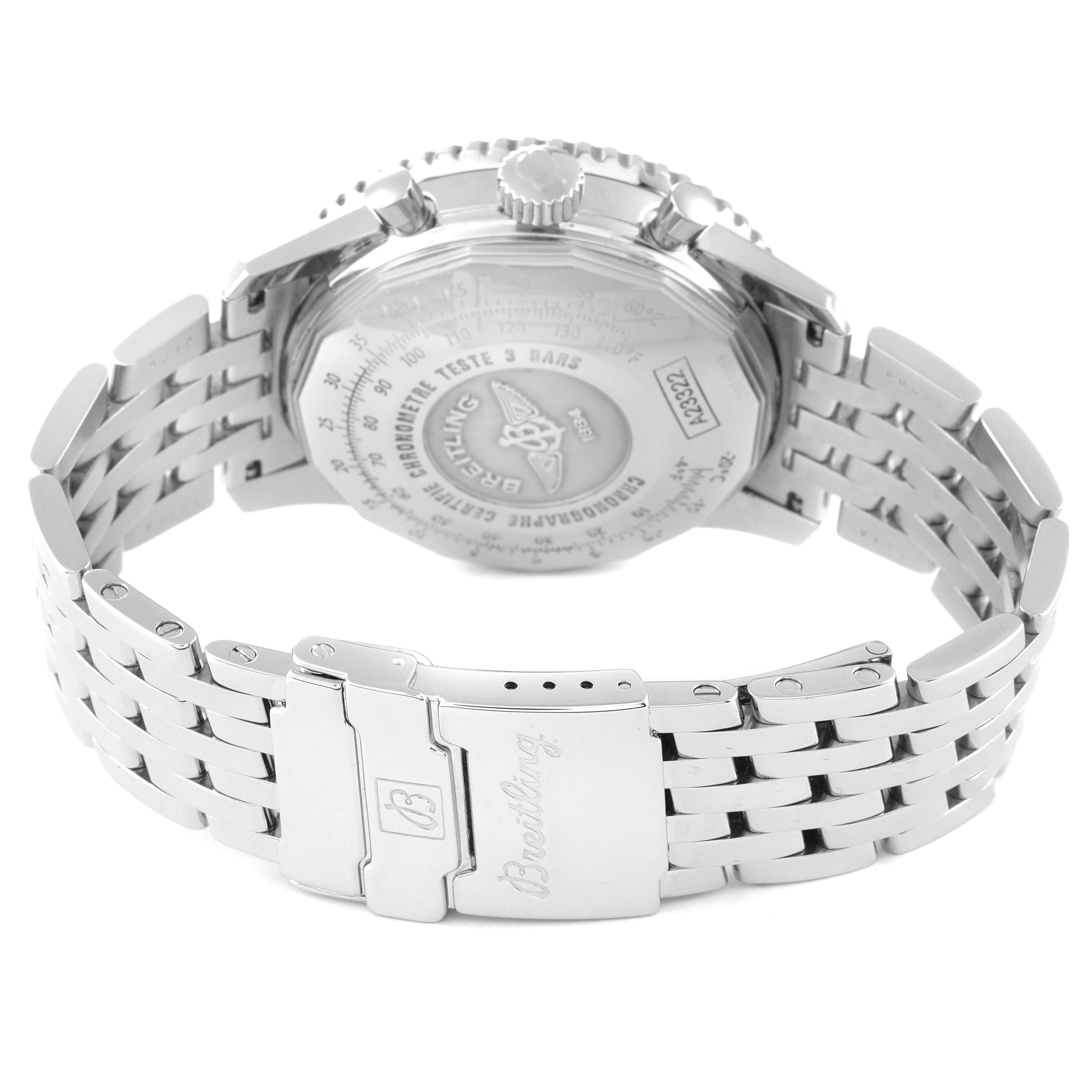 The image shows the back view of the Breitling Navitimer A23322 Men's Stainless Steel Black Dial A23322 Men's Stainless Steel Black Dial watch and its stainless steel bracelet and clasp.