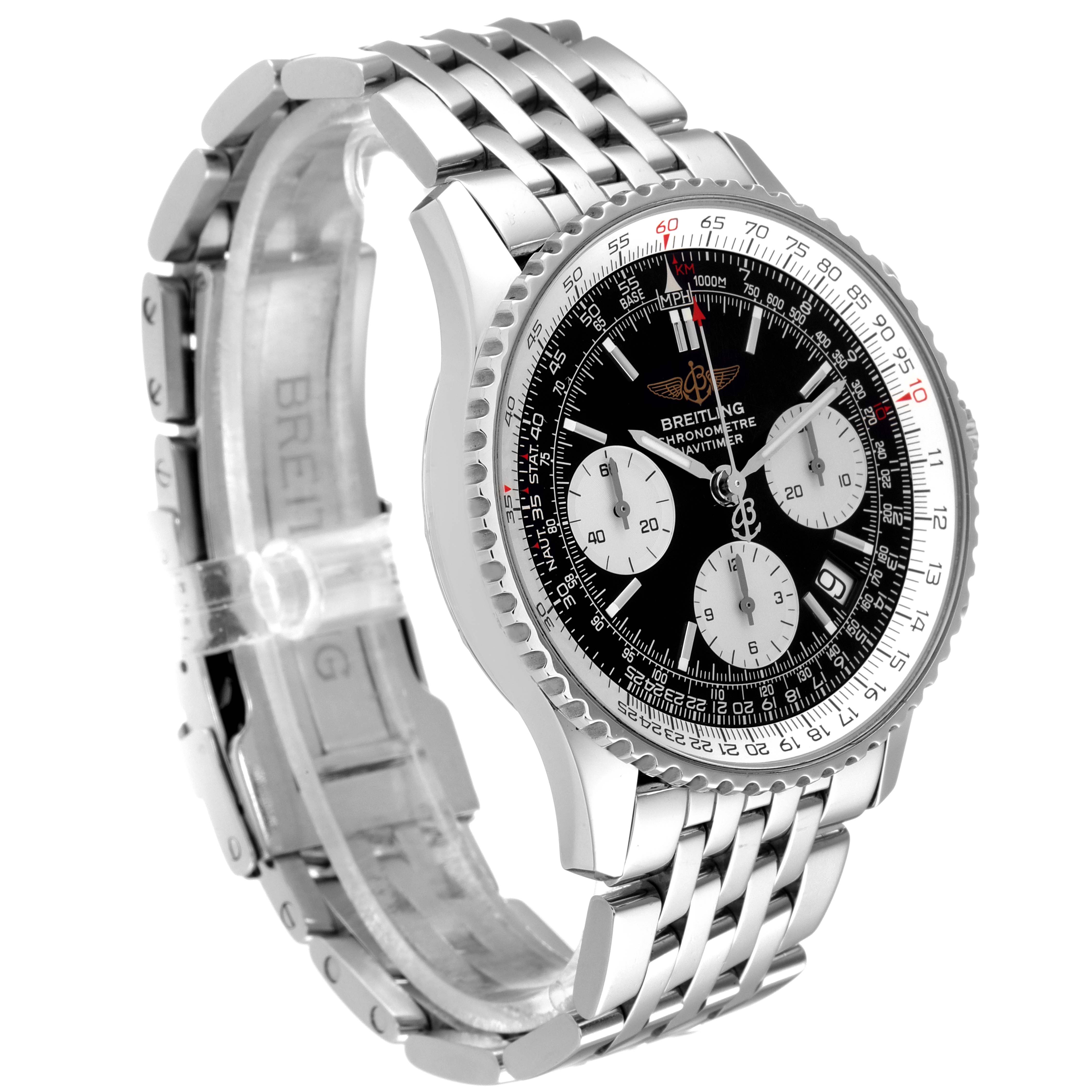 The image shows a side angle of a Breitling Navitimer A23322 Men's Stainless Steel Black Dial A23322 Men's Stainless Steel Black Dial watch, focusing on its dial, bezel, and metal bracelet.