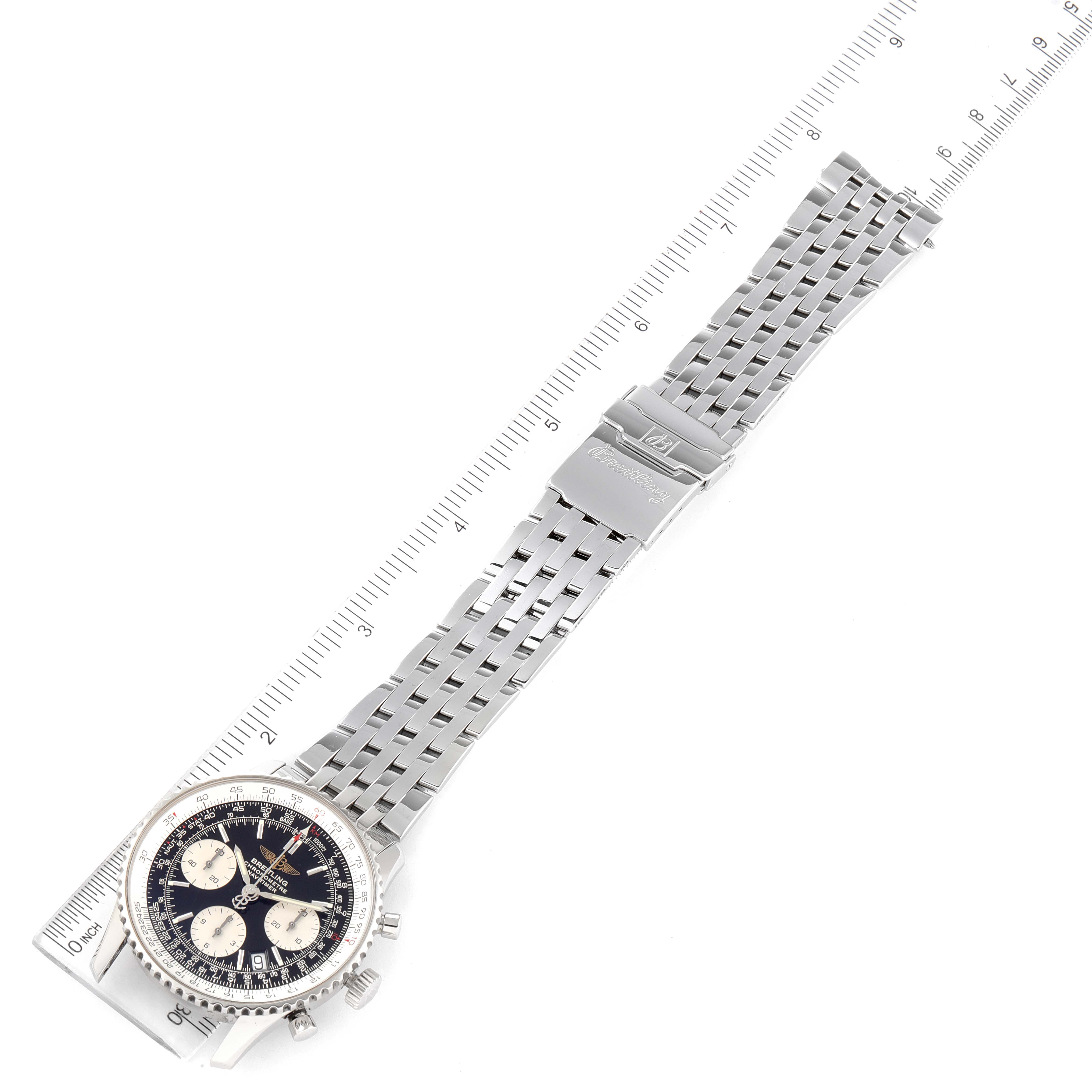 The image shows a top-down view of a Breitling Navitimer A23322 Men's Stainless Steel Black Dial A23322 Men's Stainless Steel Black Dial watch, including its face, bezel, and stainless steel bracelet.