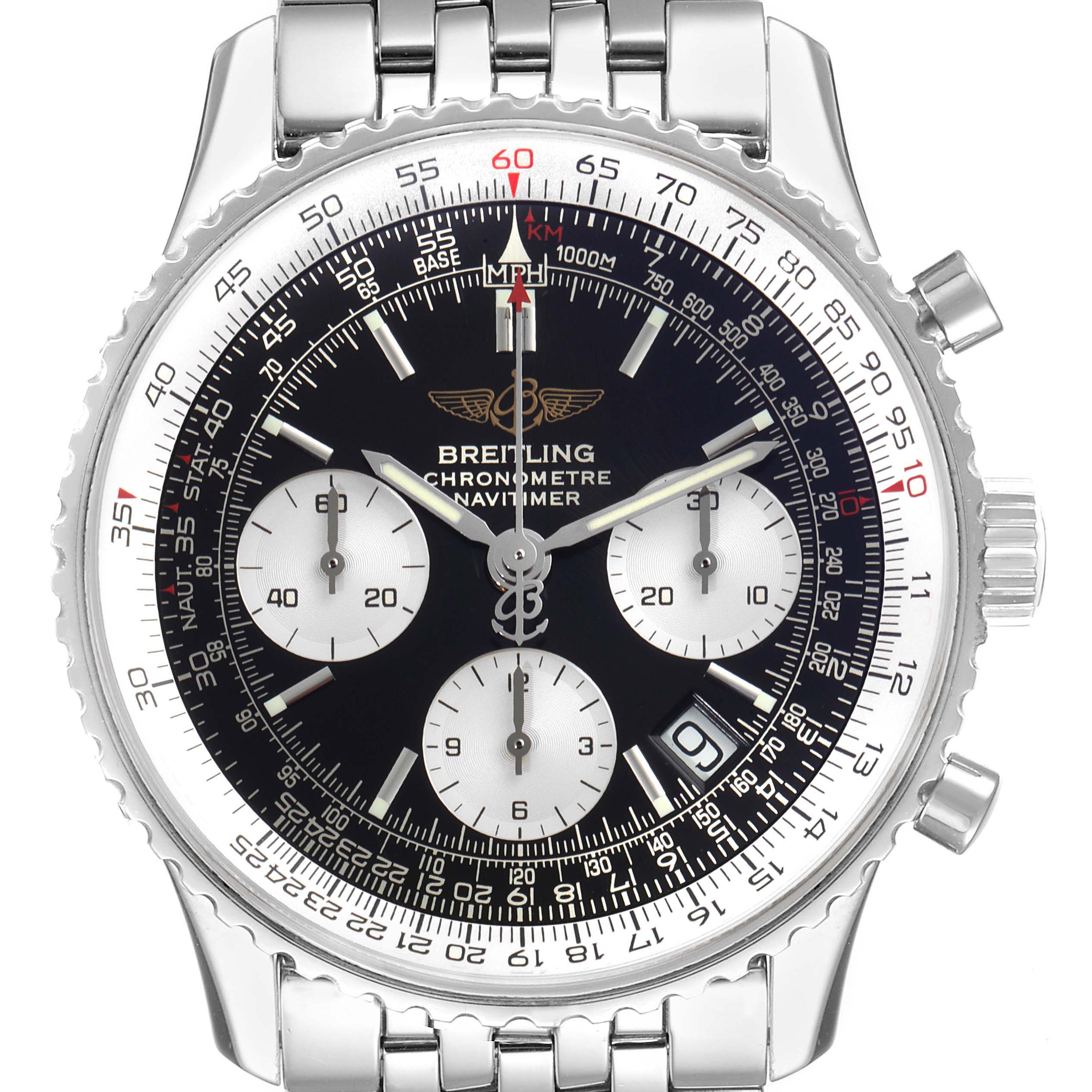 This image shows the Breitling Navitimer A23322 Men's Stainless Steel Black Dial A23322 Men's Stainless Steel Black Dial watch from the front, highlighting its dial, subdials, bezel, crown, and bracelet.
