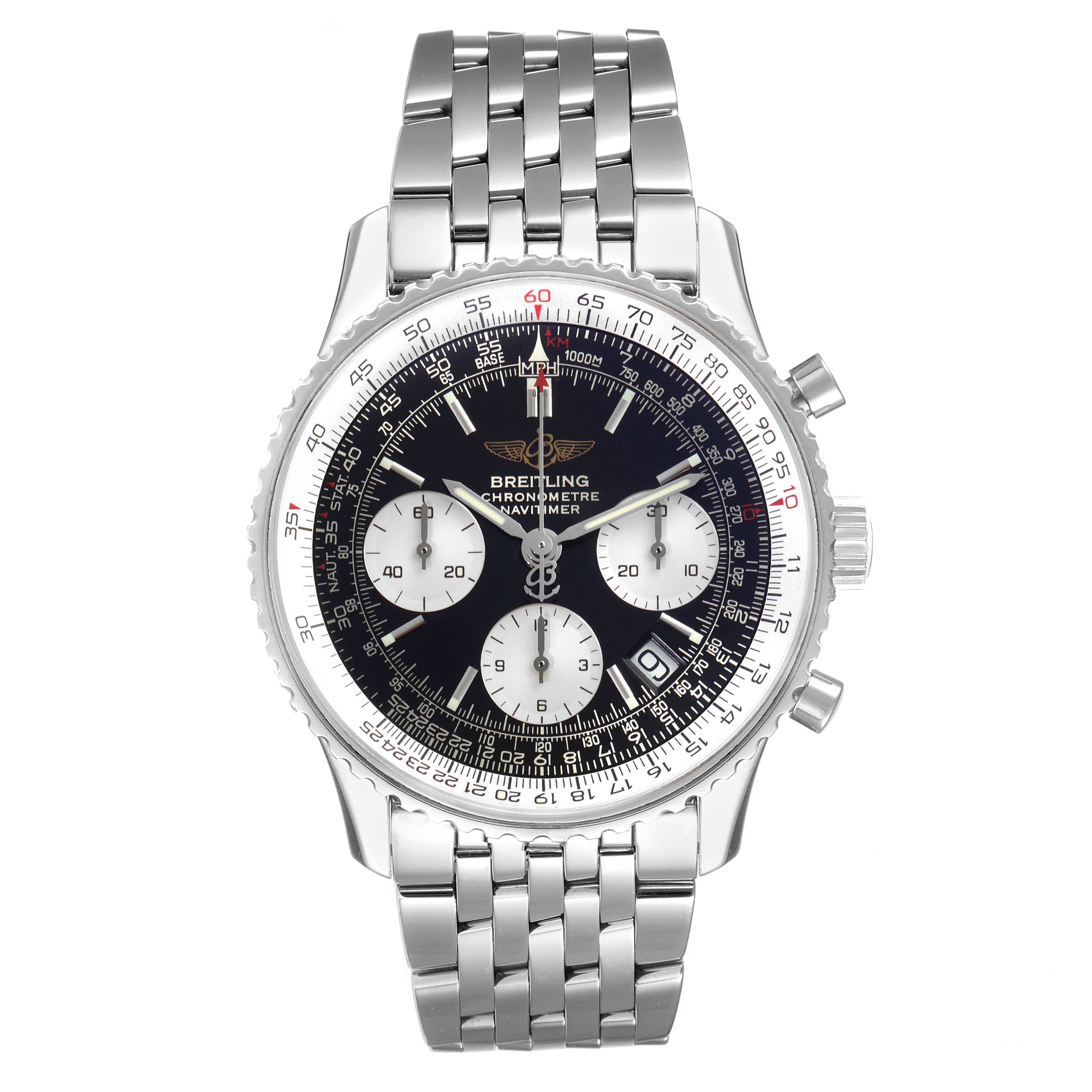 The image shows a frontal view of the Breitling Navitimer A23322 Men's Stainless Steel Black Dial A23322 Men's Stainless Steel Black Dial watch displaying the dial, bezel, and stainless steel bracelet.