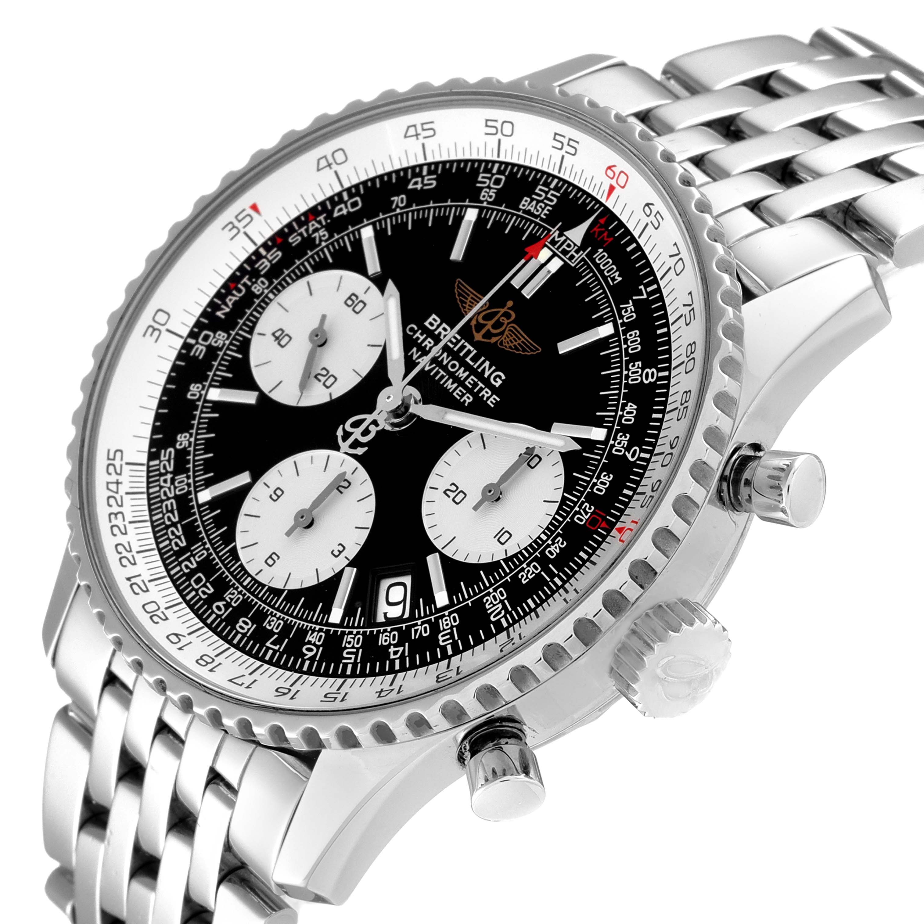 This Breitling Navitimer A23322 Men's Stainless Steel Black Dial A23322 Men's Stainless Steel Black Dial watch is shown at an oblique angle, highlighting its dial, bezel, crown, pushers, and steel bracelet.