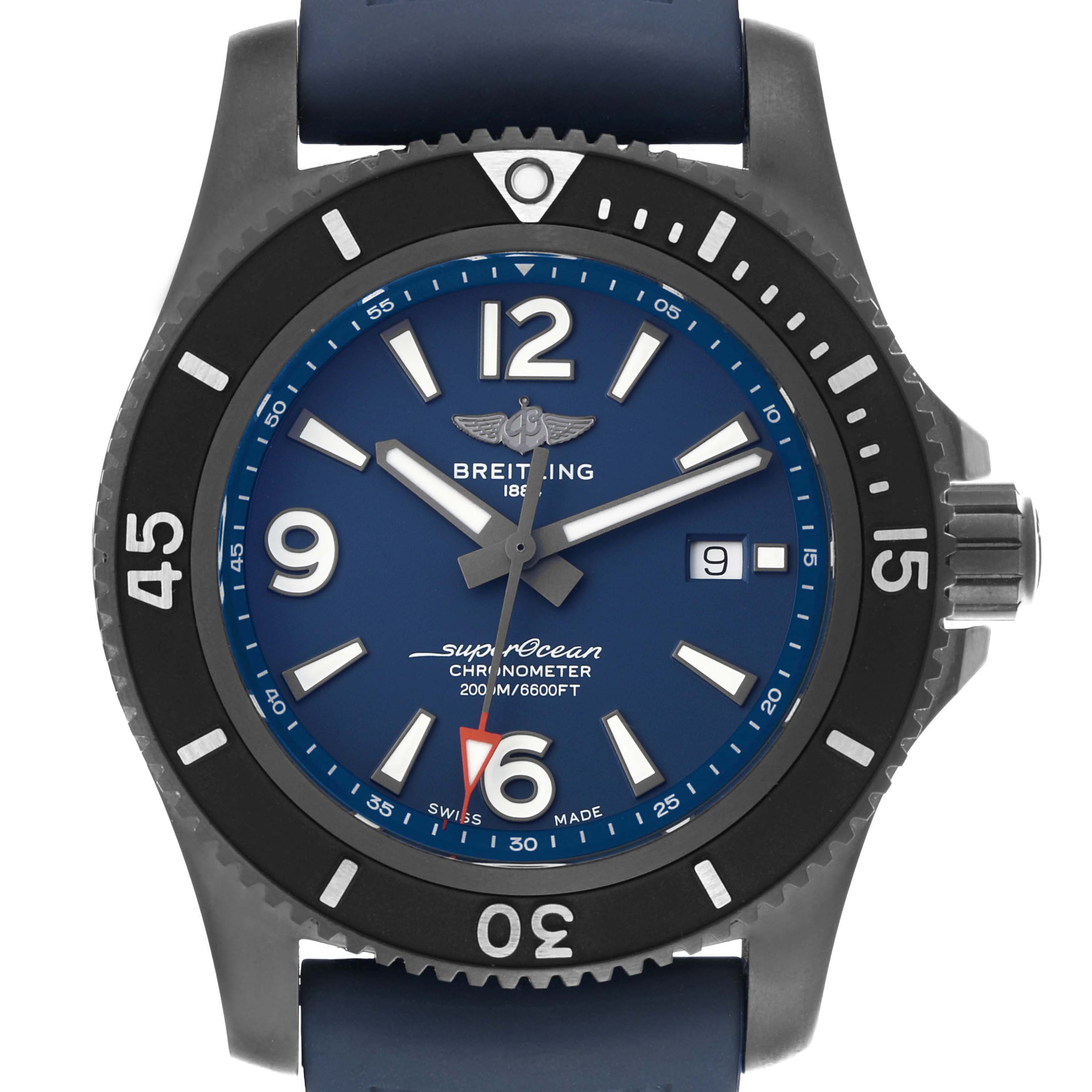The Breitling Superocean M17368 Men's Stainless Steel Blue Dial watch is shown from the front, displaying its blue dial, bezel, crown, and strap.