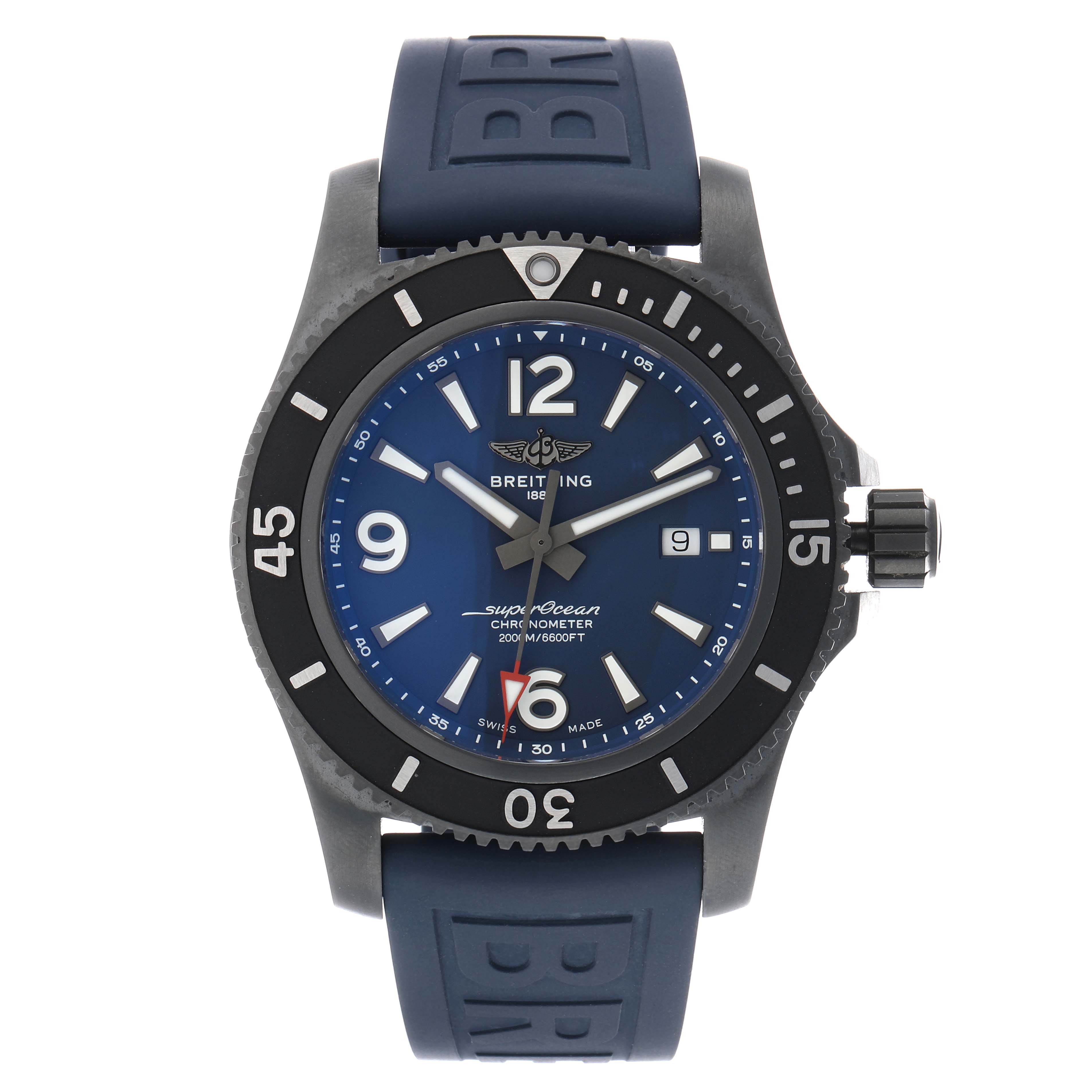 The Breitling Superocean M17368 Men's Stainless Steel Blue Dial watch is shown from the front, featuring its blue dial, bezel, and blue rubber strap.
