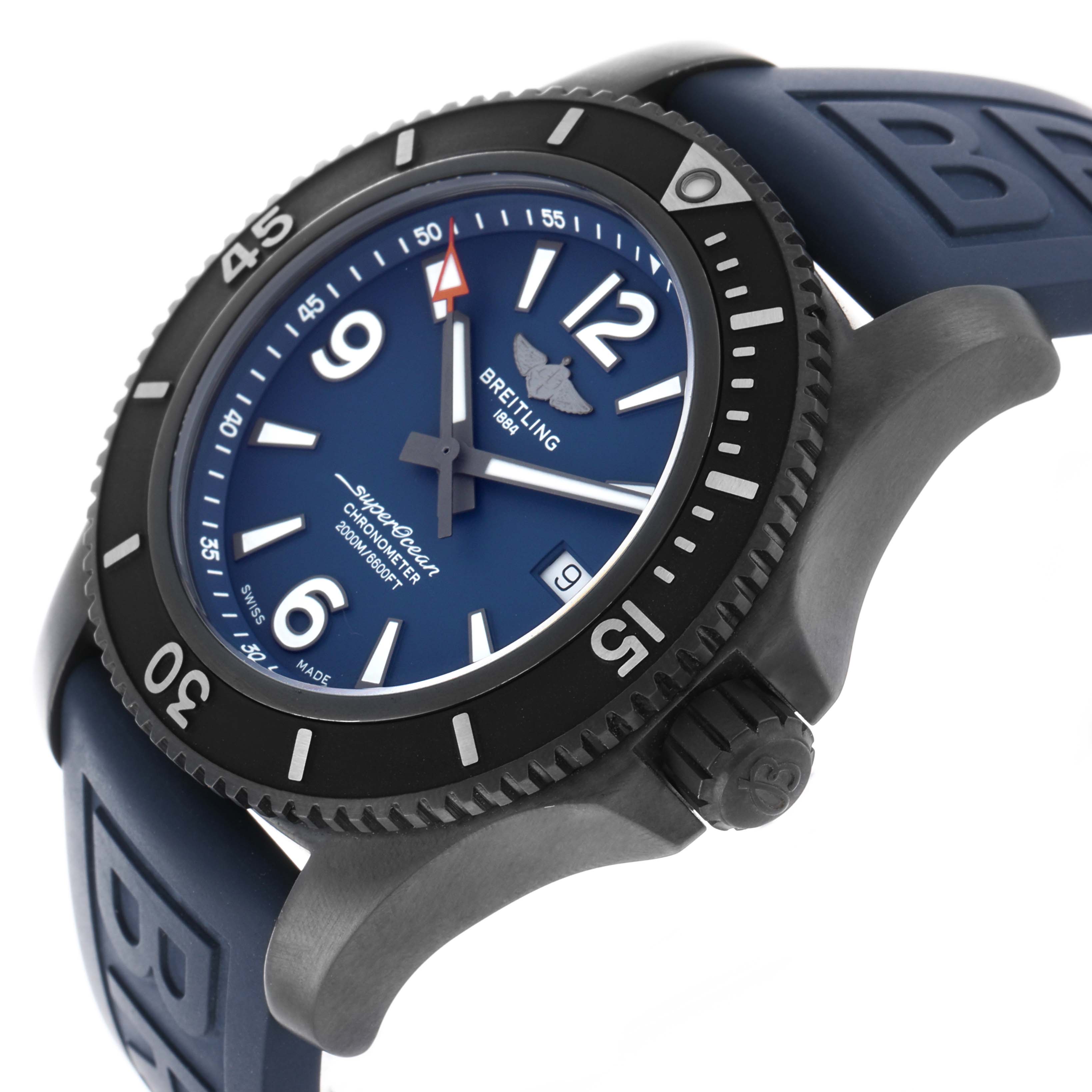 The Breitling Superocean M17368 Men's Stainless Steel Blue Dial watch is shown at a three-quarter angle, highlighting the dial, bezel, and strap.
