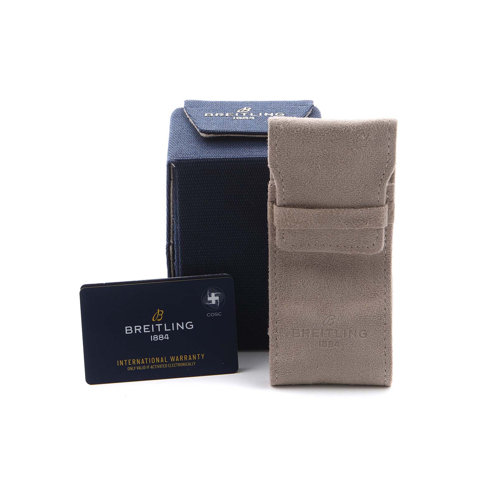 The image shows a Breitling Superocean M17368 Men's Stainless Steel Blue Dial watch box, a soft case, and an international warranty card.