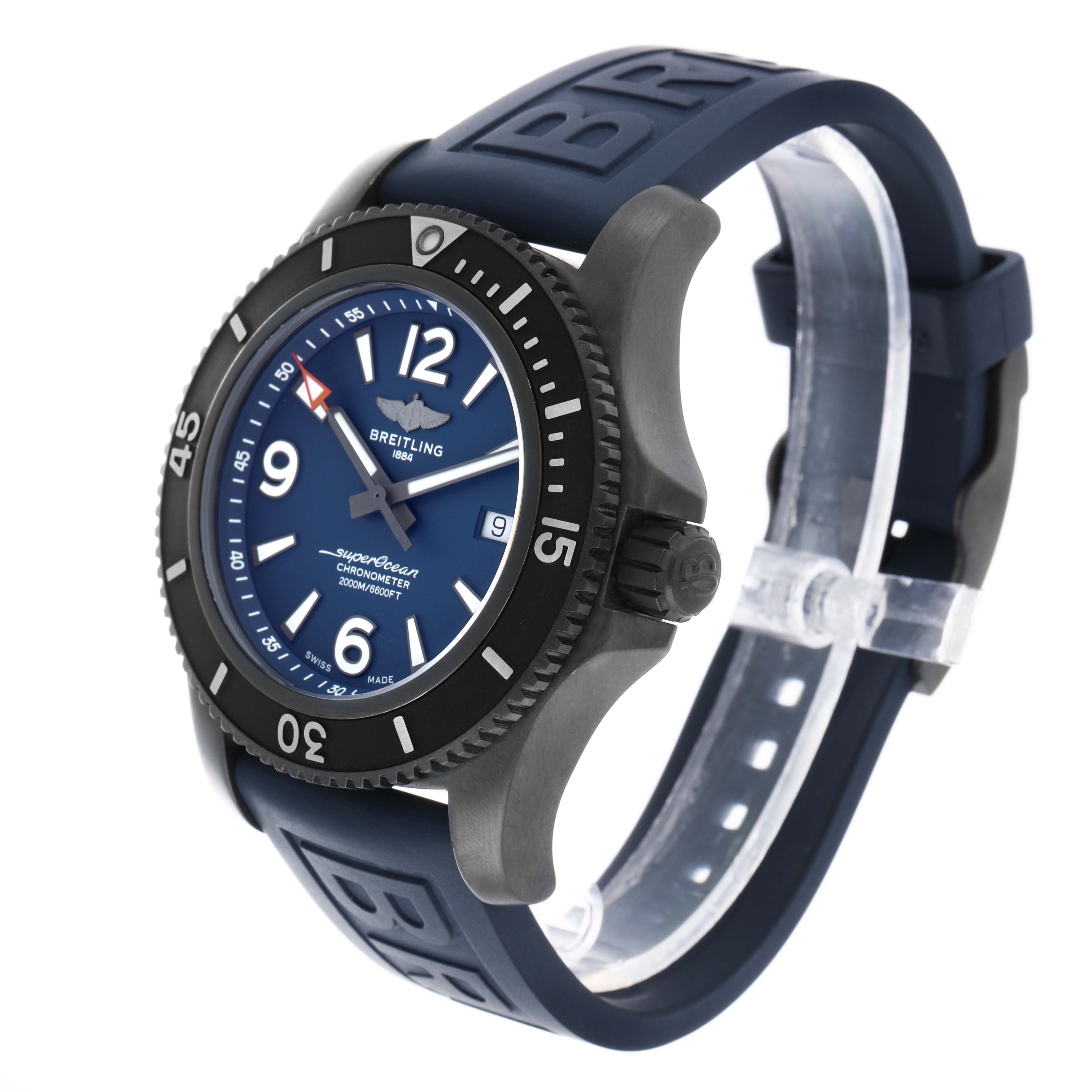 The Breitling Superocean M17368 Men's Stainless Steel Blue Dial watch is shown from a front-left angle, displaying the bezel, dial, and textured rubber strap.