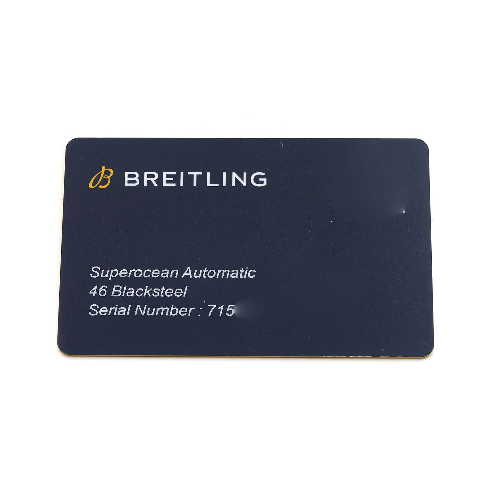 The image shows a card for the Breitling Superocean M17368 Men's Stainless Steel Blue Dial Automatic 46 Blacksteel, displaying the model name and serial number.