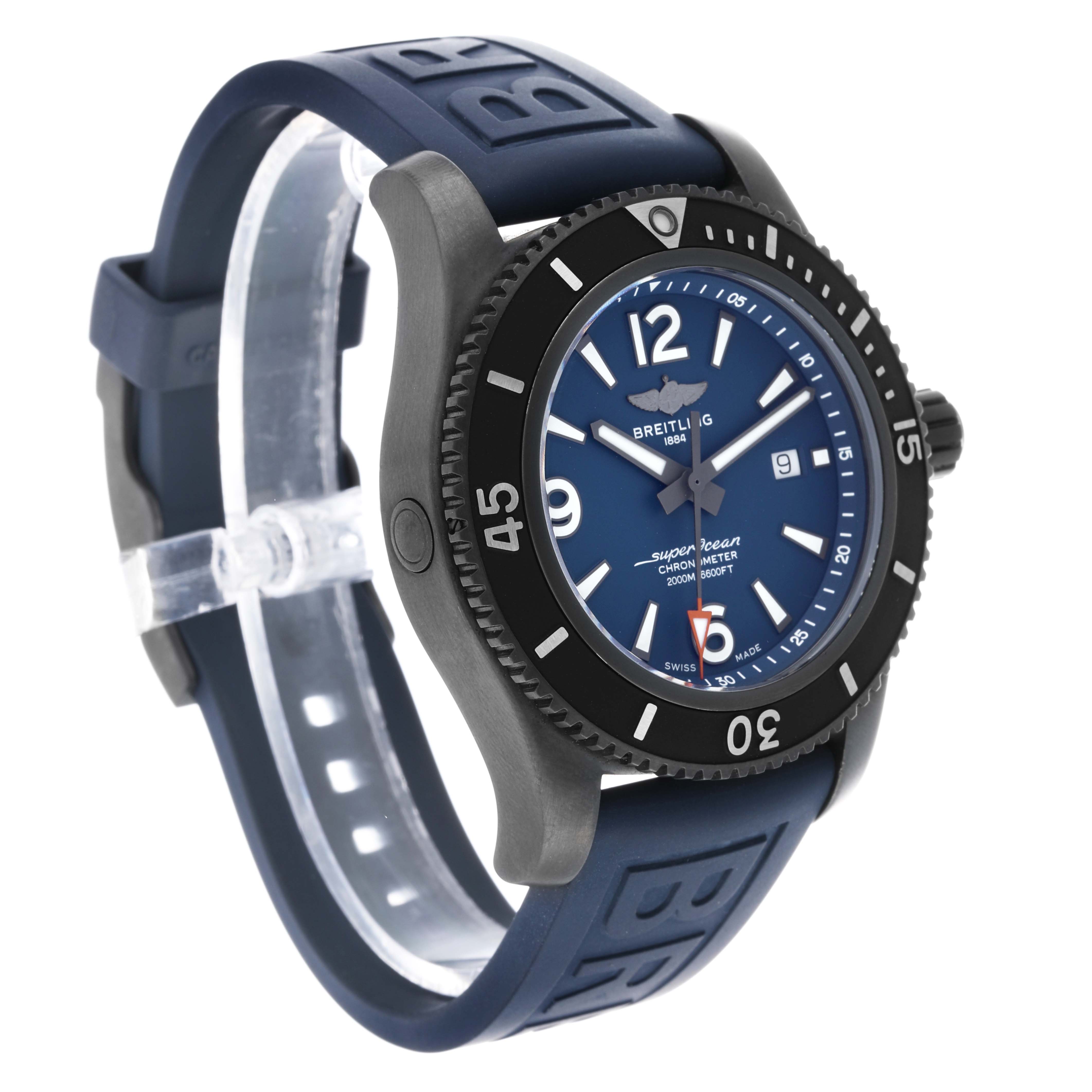 The Breitling Superocean M17368 Men's Stainless Steel Blue Dial watch is shown at a three-quarter angle, displaying the face, bezel, crown, and strap.