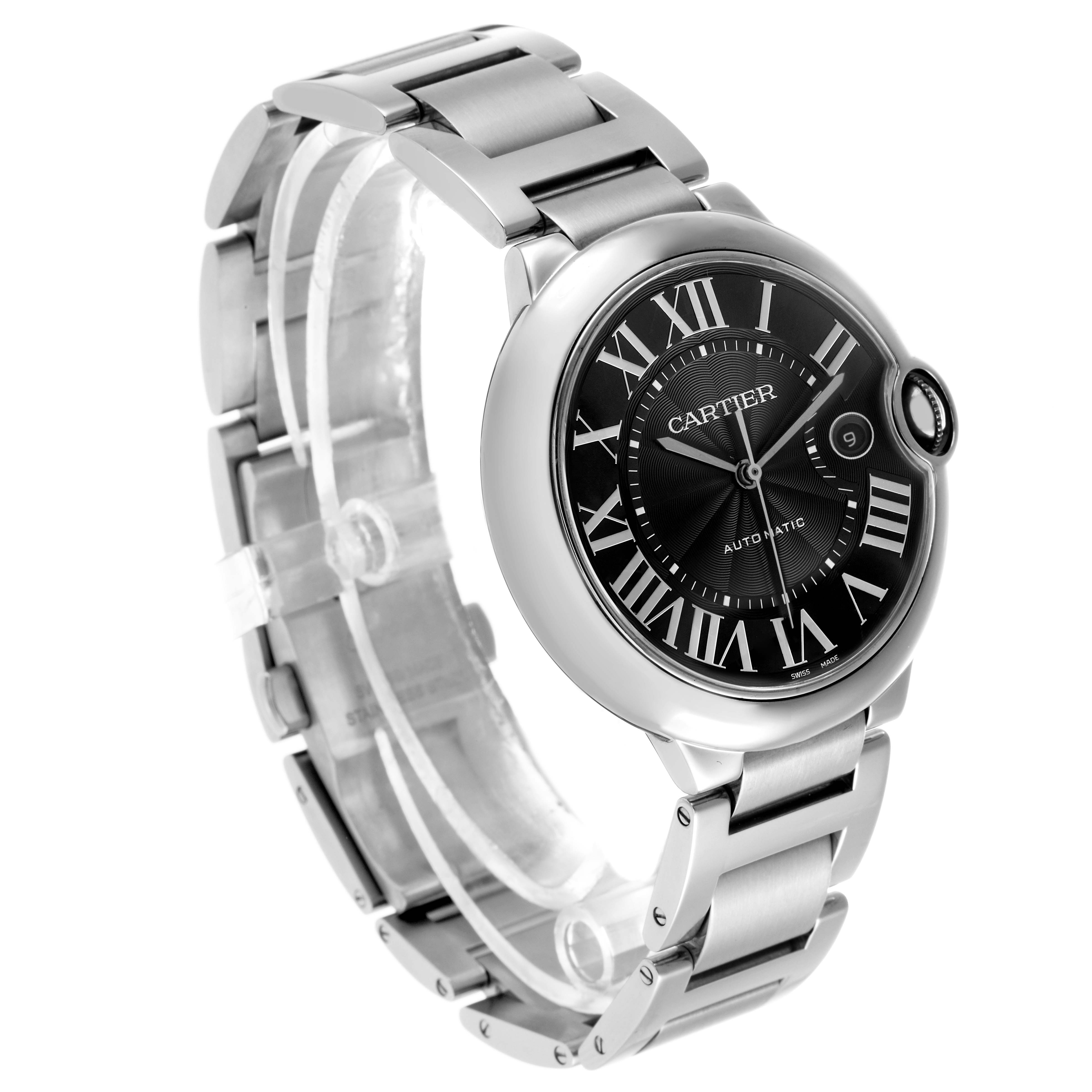 The Cartier Ballon Bleu W6920042 Men's Stainless Steel Black Dial watch is shown at a slight angle, displaying the face, bezel, and part of the bracelet.