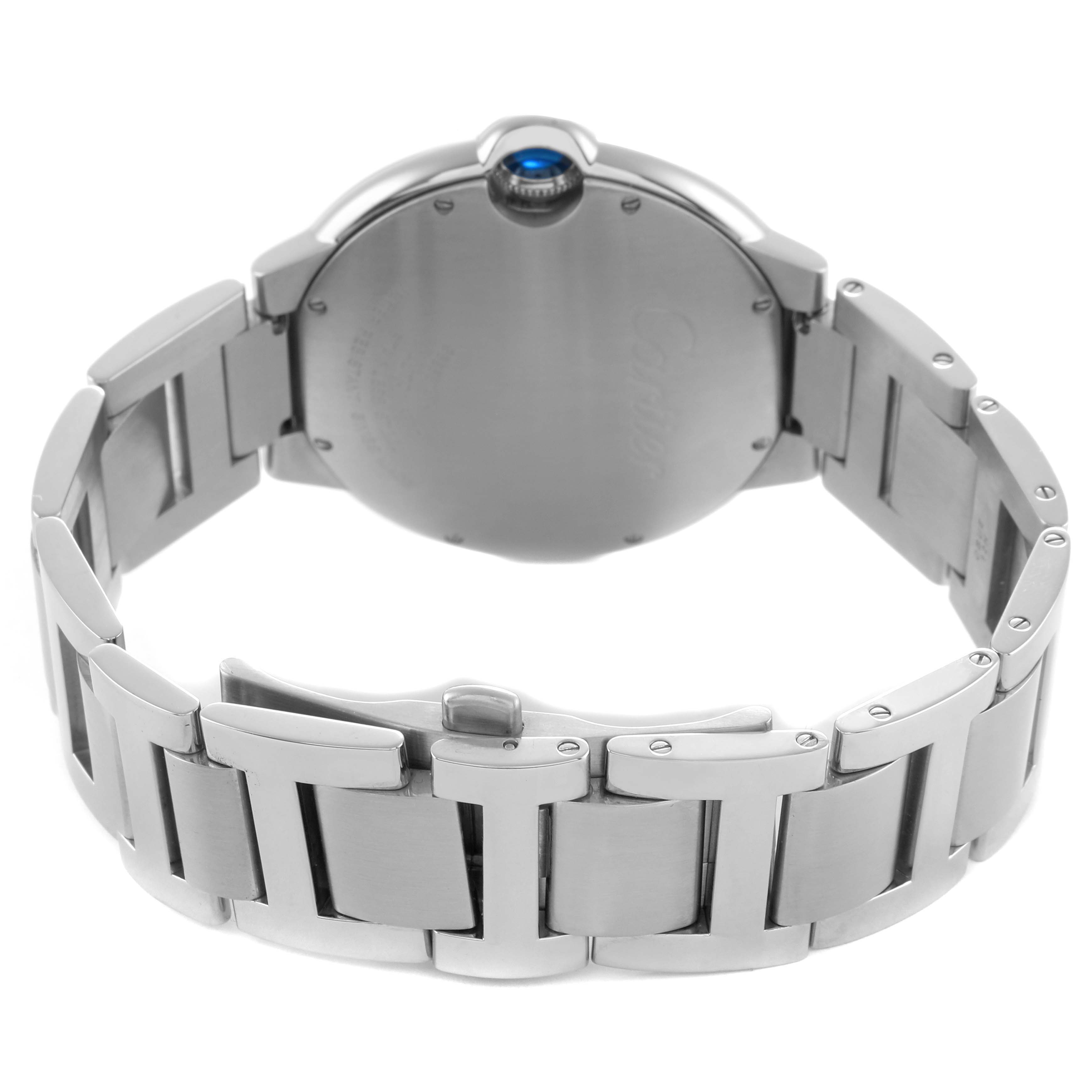 The image shows the back and bracelet of a Cartier Ballon Bleu W6920042 Men's Stainless Steel Black Dial watch, highlighting the clasp and metal links.