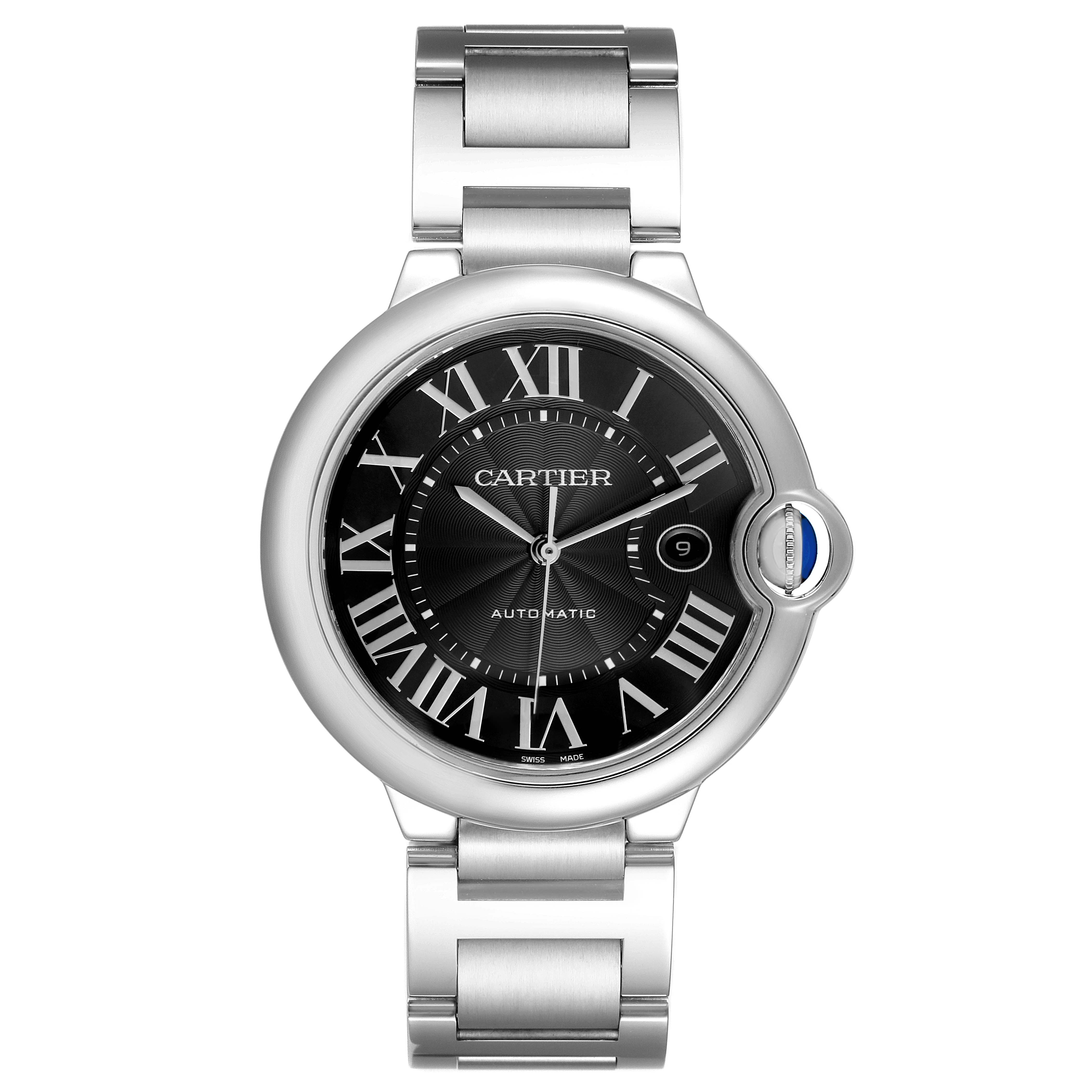 The Cartier Ballon Bleu W6920042 Men's Stainless Steel Black Dial watch is shown from a front angle, displaying the face, Roman numerals, and metal bracelet.