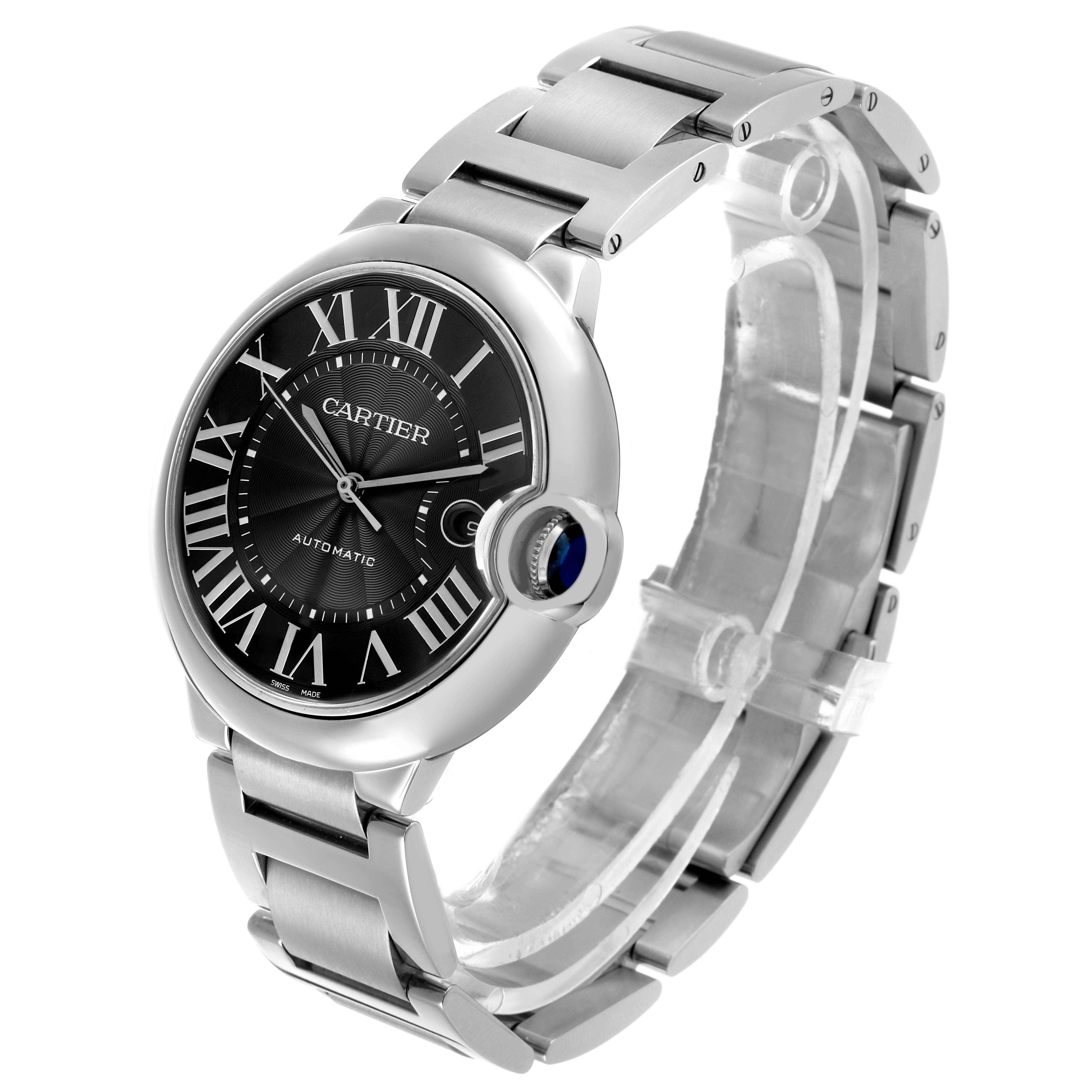 The image shows a Cartier Ballon Bleu W6920042 Men's Stainless Steel Black Dial watch at a three-quarter angle, highlighting its face, crown, and bracelet.