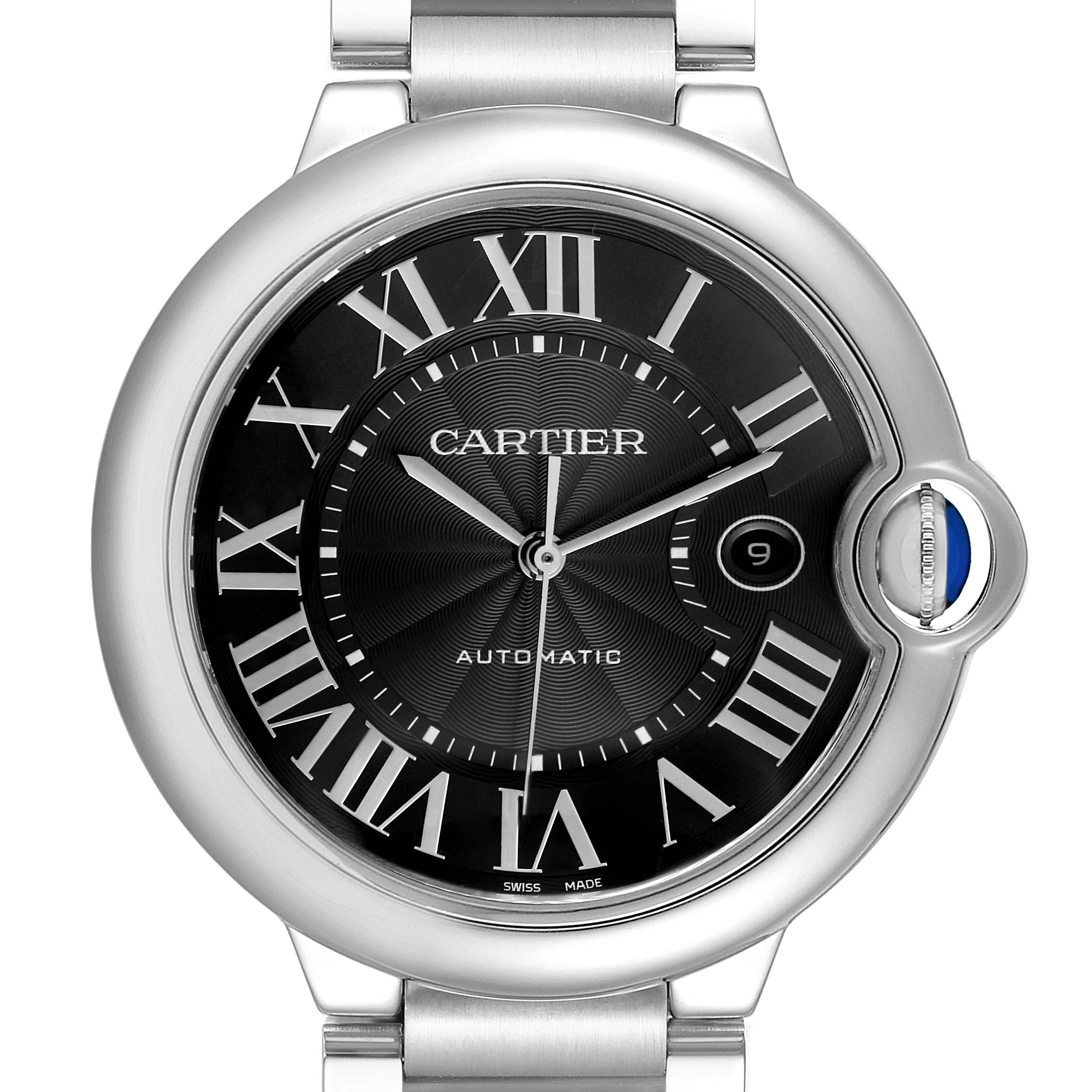 The Ballon Bleu by Cartier is shown from a front angle, displaying the dial, Roman numerals, and signature blue sapphire crown.