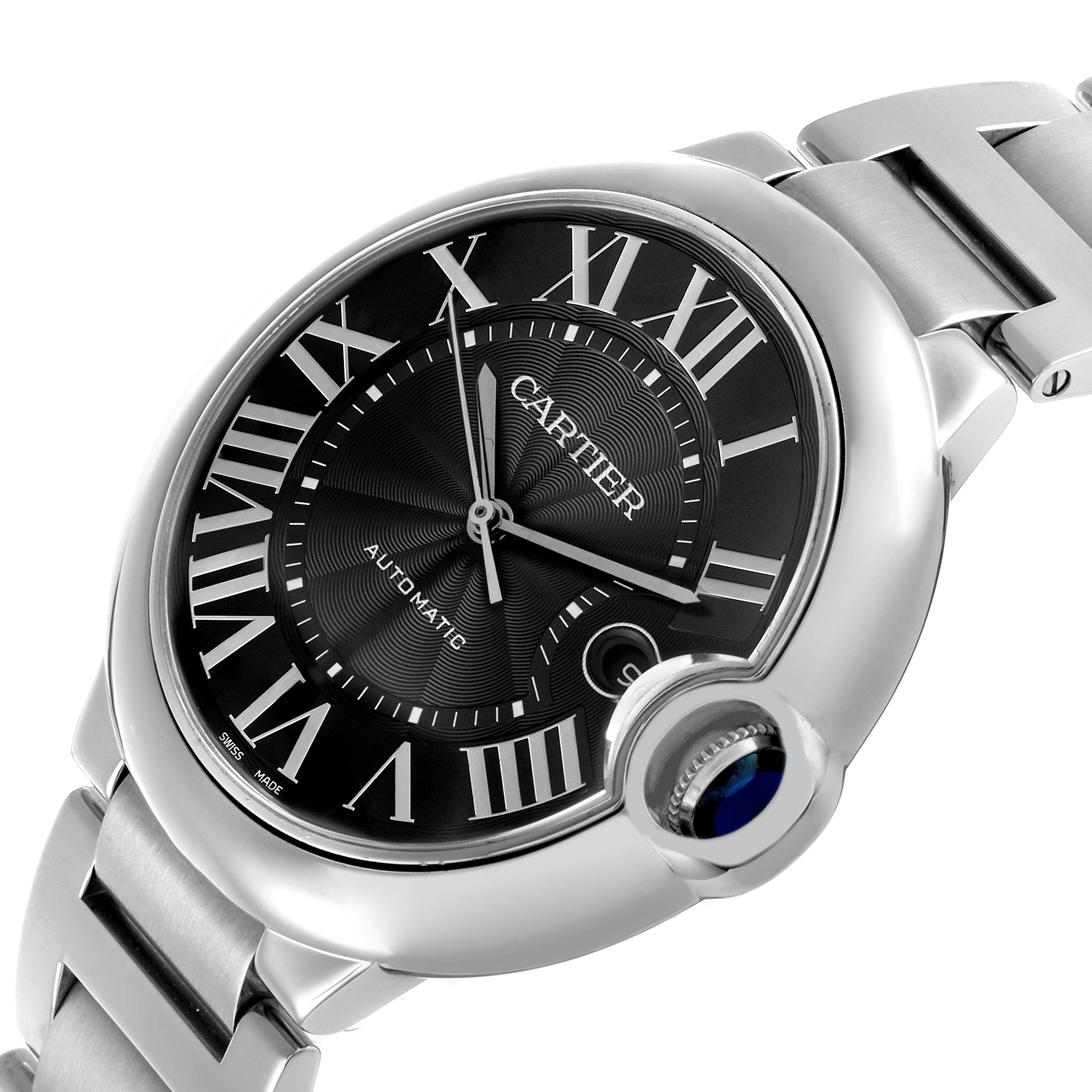 The Cartier Ballon Bleu W6920042 Men's Stainless Steel Black Dial watch is shown at an angled view, highlighting the dial, crown, and part of the bracelet.