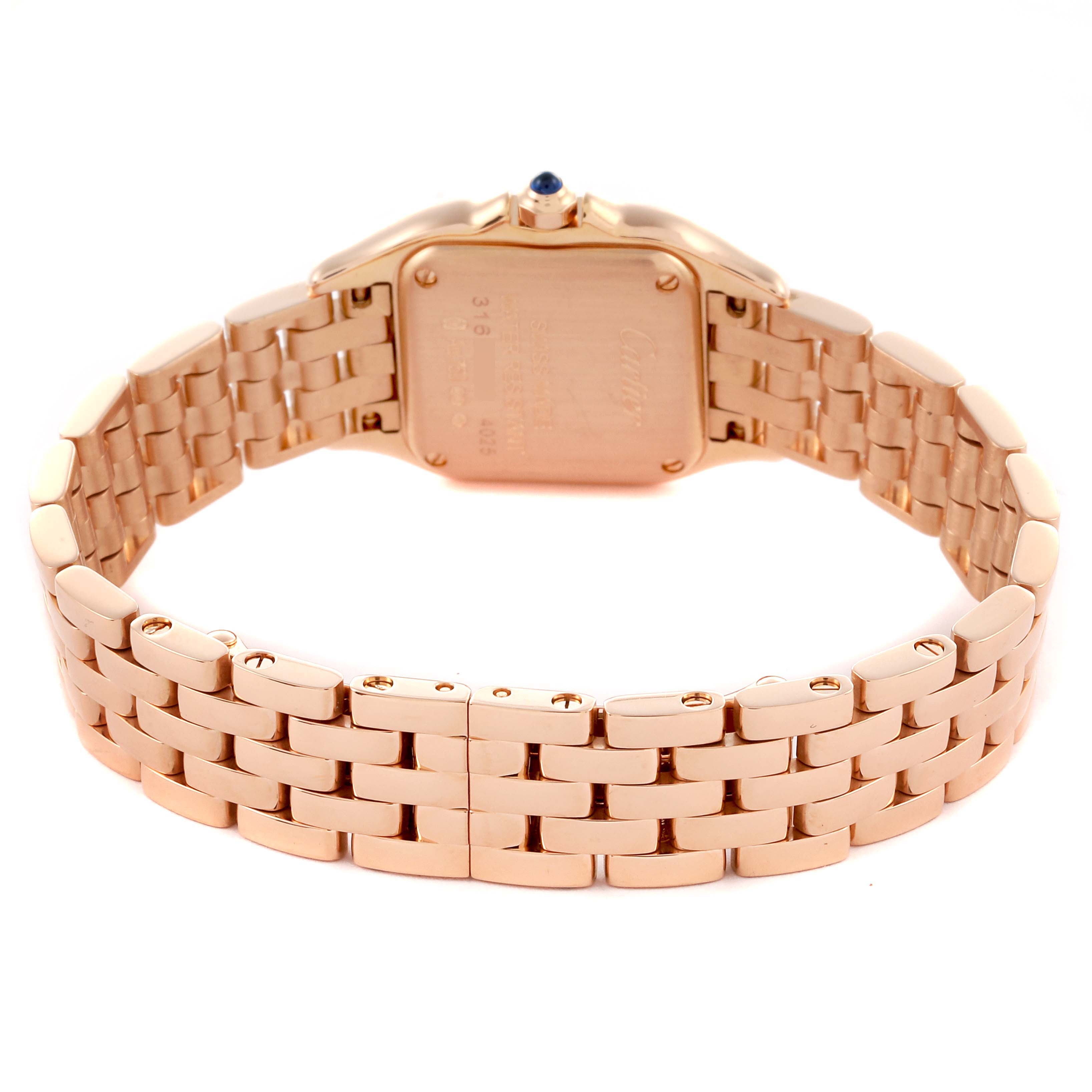 The image shows the back case and bracelet design of the Cartier Panthere WGPN0006 Women's Rose Gold Silver Dial WGPN0006 Women's Rose Gold Silver Dial watch from a rear angle.