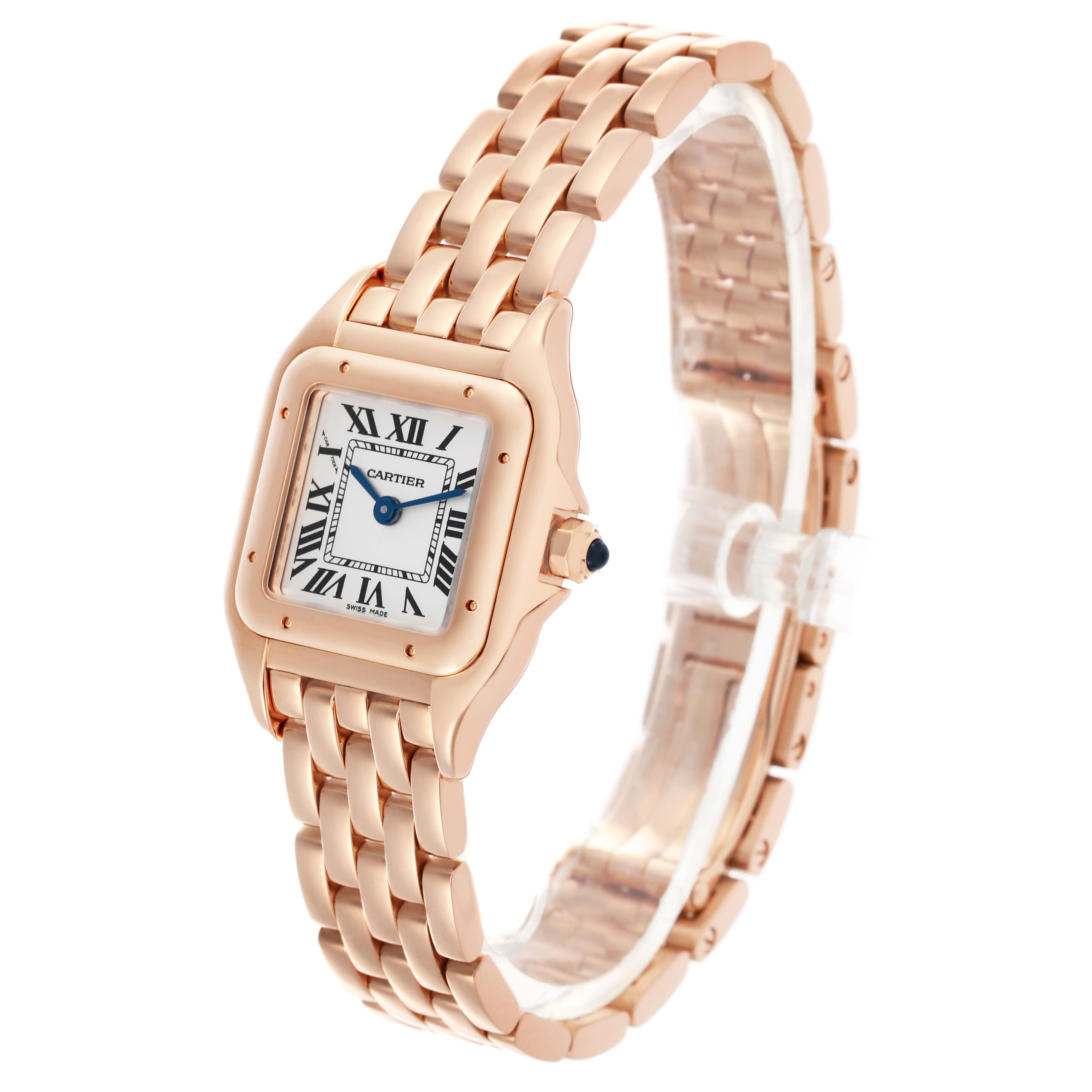 The Cartier Panthere WGPN0006 Women's Rose Gold Silver Dial WGPN0006 Women's Rose Gold Silver Dial watch is shown at a 3/4 angle displaying the face, bezel, crown, and bracelet links.